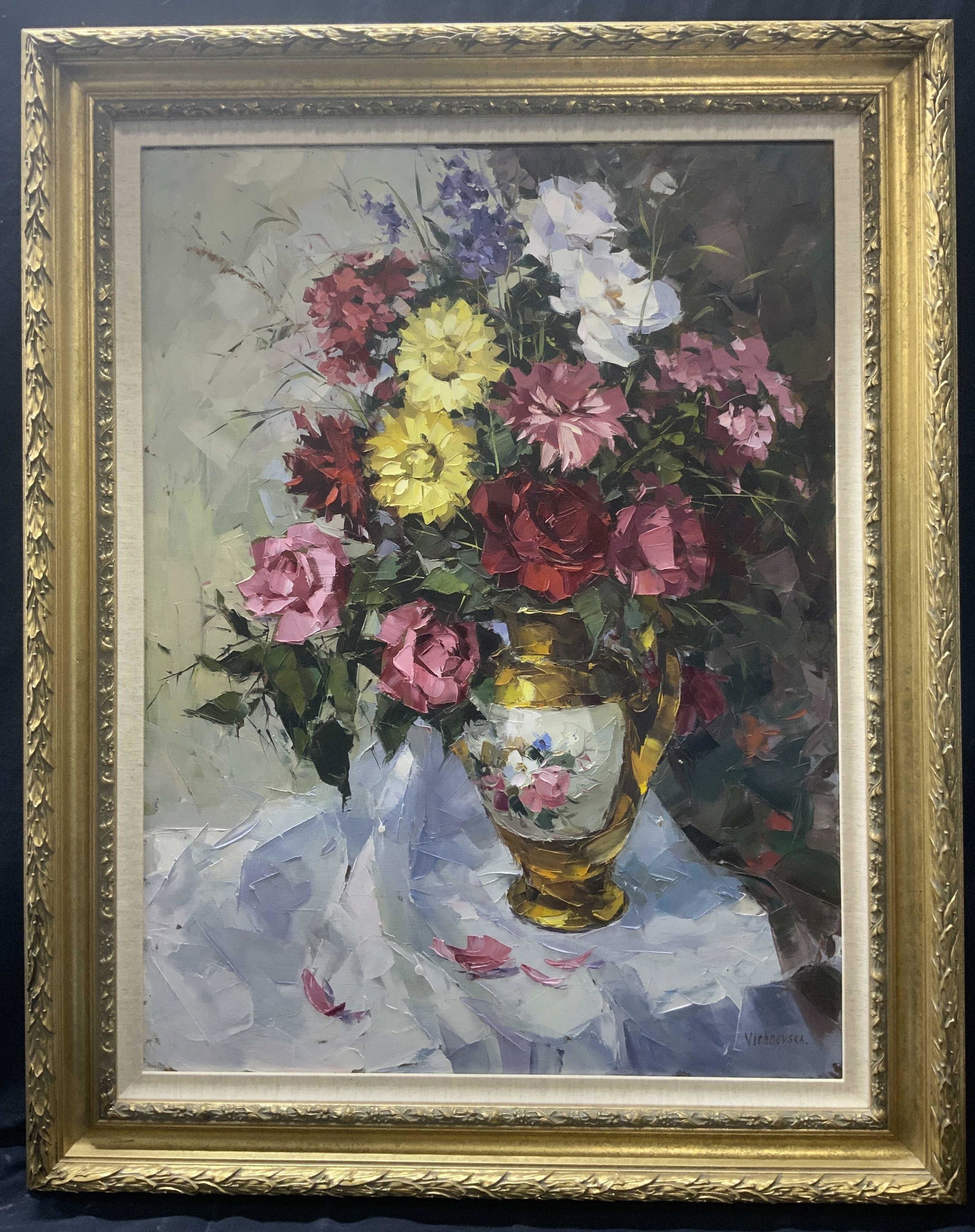 VICHNEVSKA Impressionist Floral Still Life: VICHNEVSKA Impressionist Floral Still Life Oil Painting, signed vichnevska in lower right, subject shows footed vase with bouquet, in frame measures approx 38 x 30 in., ornate gold toned wood frame, s