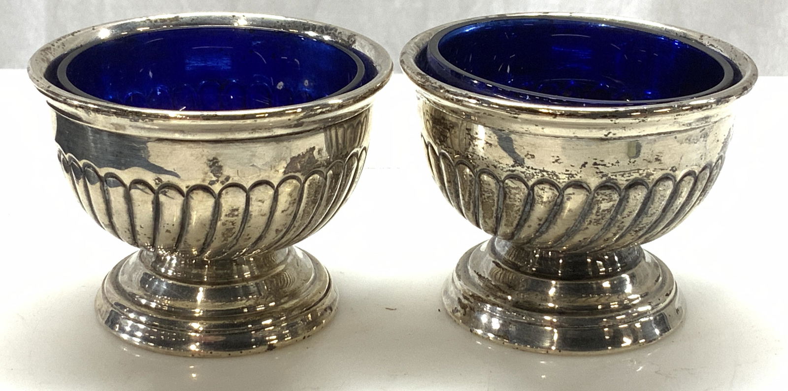 Pair Sterling Silver & Cobalt Glass Salt Cellars (1 of 6)