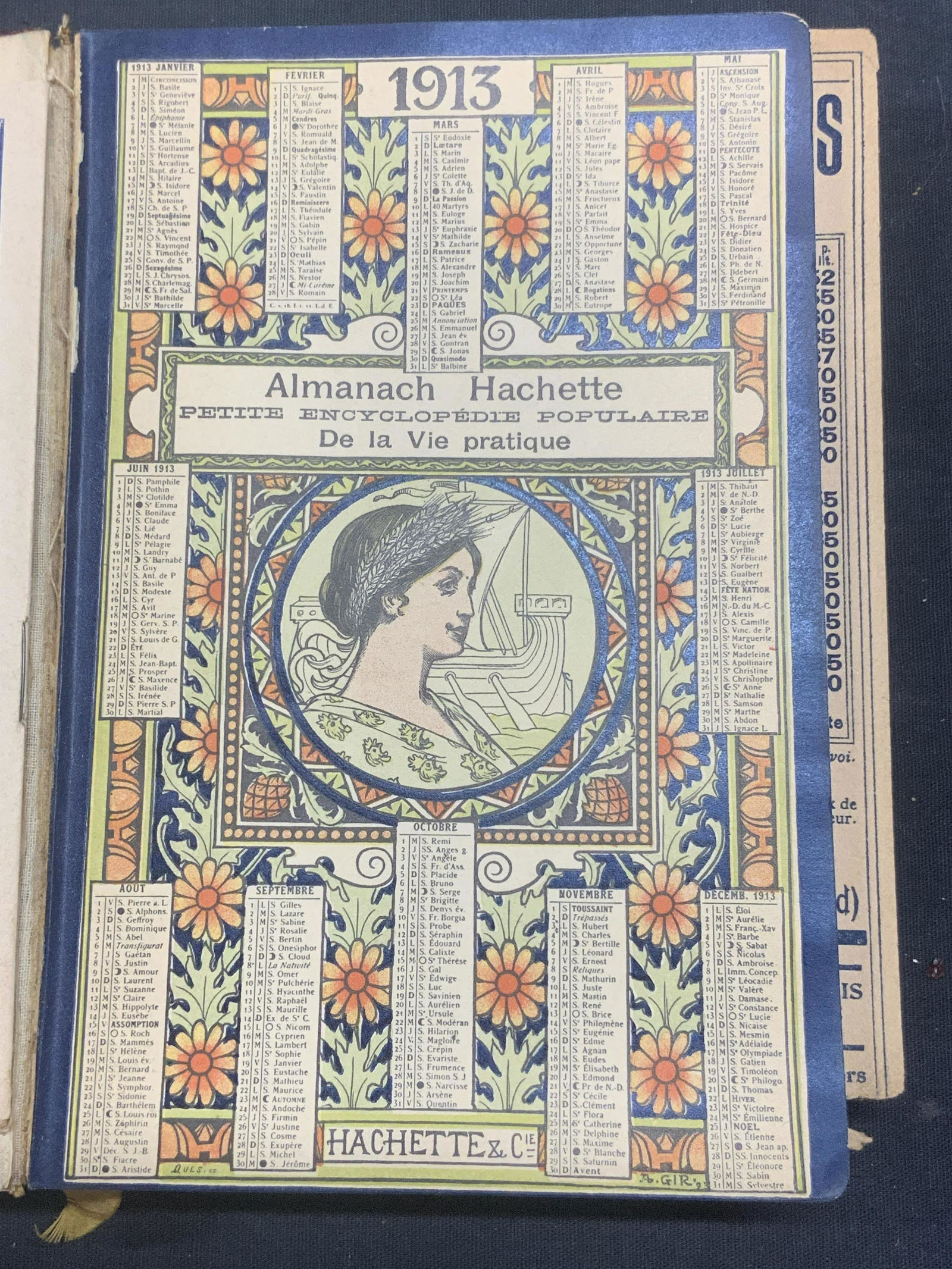 Almanach Hachette French Antique Almanac: Almanach Hachette French Antique Almanac, circa 1913, text in French, leather bound cover, surface wear consistent with age, measures approx 8 x 5 x 1 in. Almanach Hachette French Antique Almanac, art