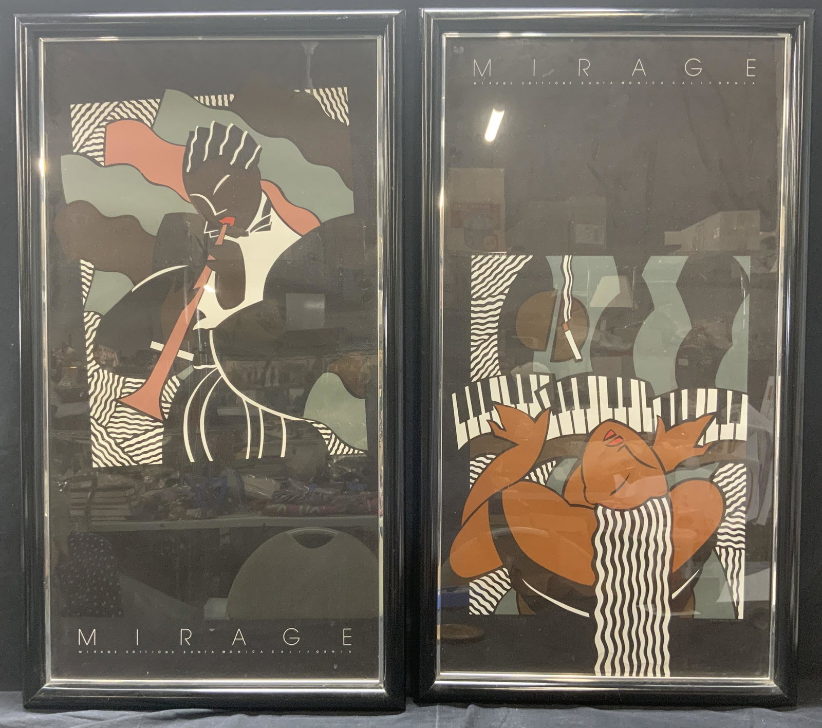 JOHN MARTINEZ Vintage Pair Mirage Editions Seri.: JOHN MARTINEZ Vintage Pair Mirage Editions Serigraphs, 1/2: numbered and signed ‘25/250 Martinez, inscribed ‘Mirage, subject shows figure playing a wind instrument, 2/2: numbered and signed ‘50/