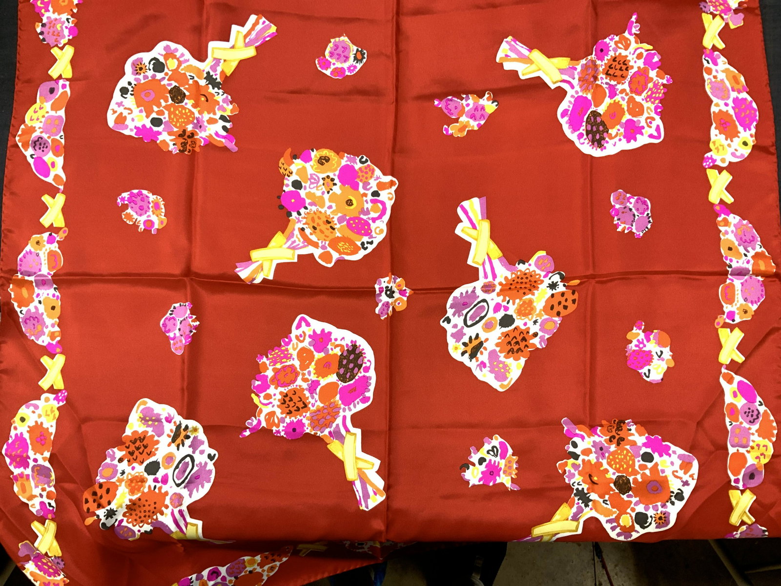 Paloma Picasso Hand Rolled Silk Fashion Scarf , IT: Signed Paloma Picasso Silk Scarf, Made in Italy, fabric label attached, vintage red scarf with bright flower posies in pink, red, yellow and orange. Scarf measures 33.5 x 34.5 in. Silk scarf, made in 