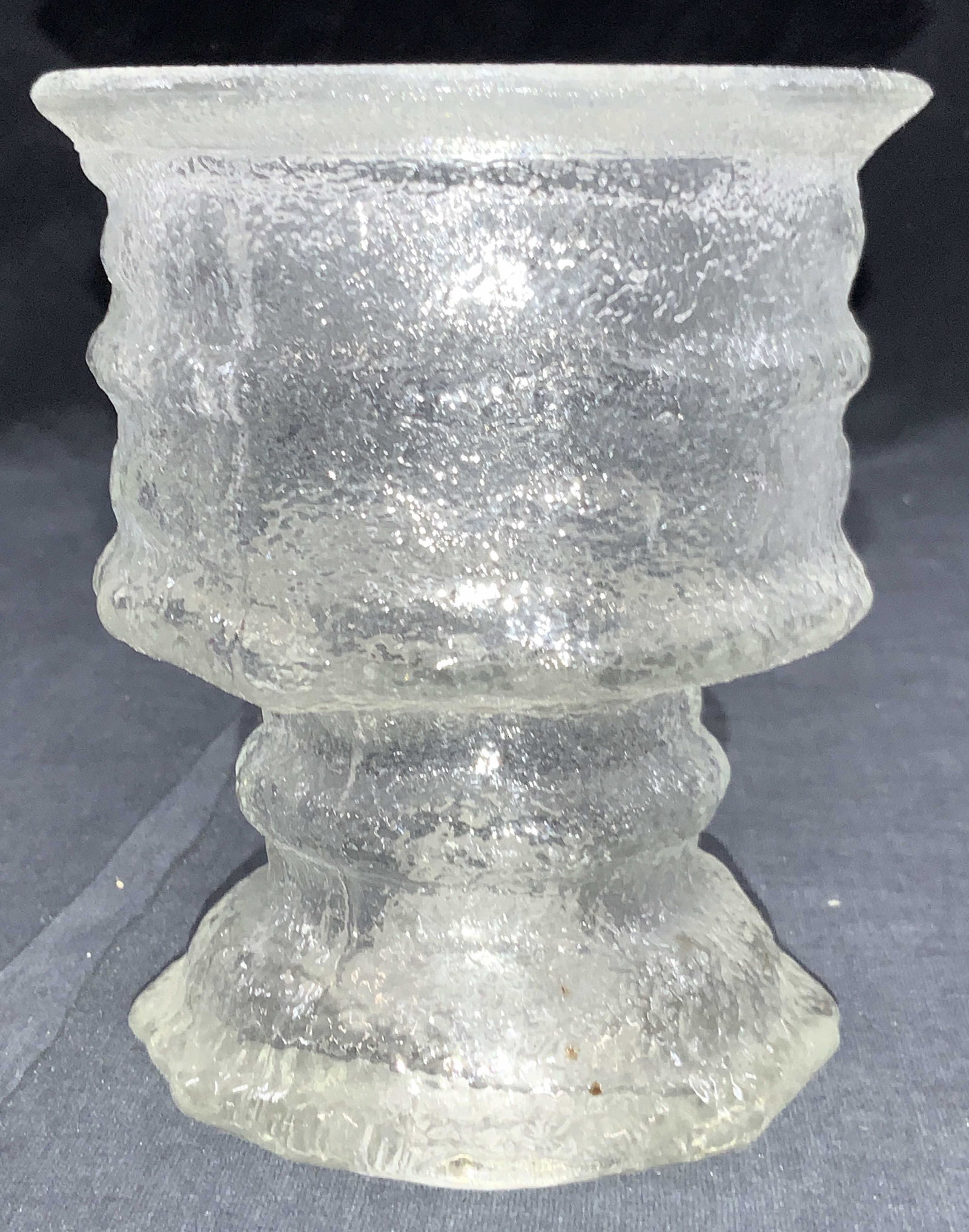 MCM Textured Ice Glass Candle Holder: Vintage mid century modern texture ice glass Candle Holder. Approximately 5 inches tall. Mid century modern candle holder, ice glass candle holder, ice glass goblet, texture ice goblet, mid century mo