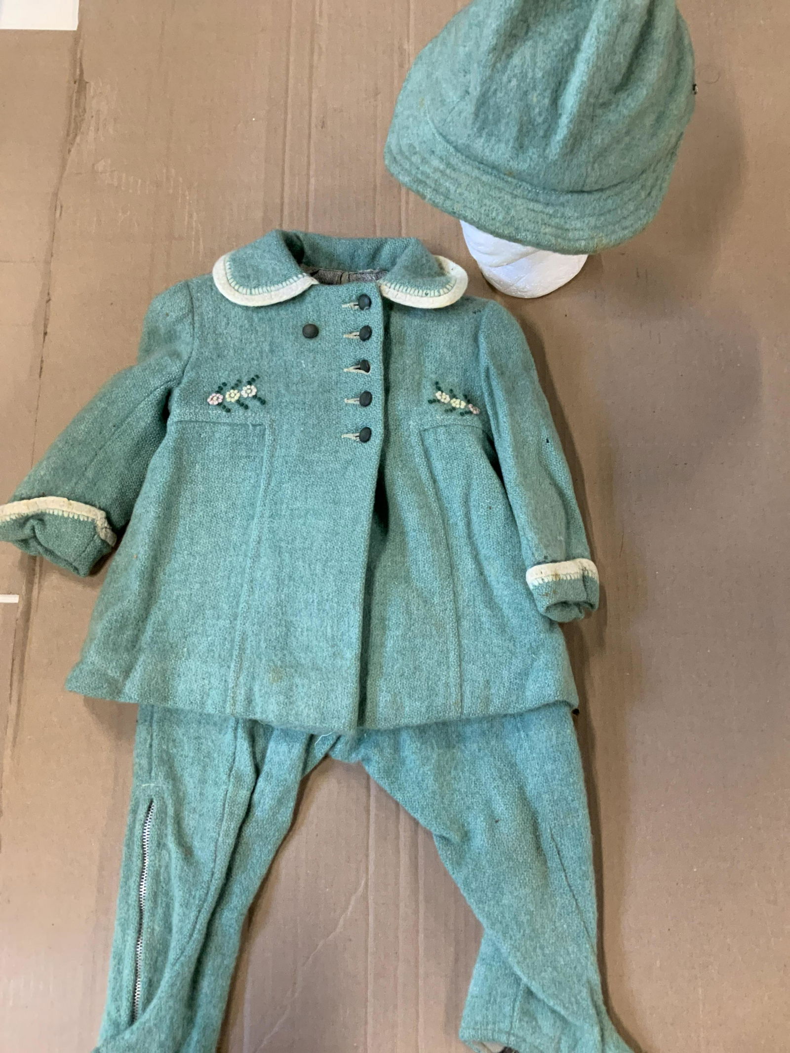 Childs Janex 3 Pc Wool Overall, Jacket, Hat set: c. 1948 Virgin wool wearables with original box (stamp dated May 1948, W.Z Gibson Inc Chicago, IL. ) , original designer label sewn to jacket. hand made clothing for girl with jacket, overalls and bon