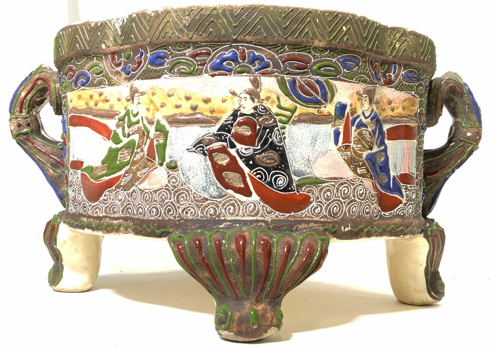 Hand Painted Asian Ceramic Footed Vessel W Handles (1 of 9)