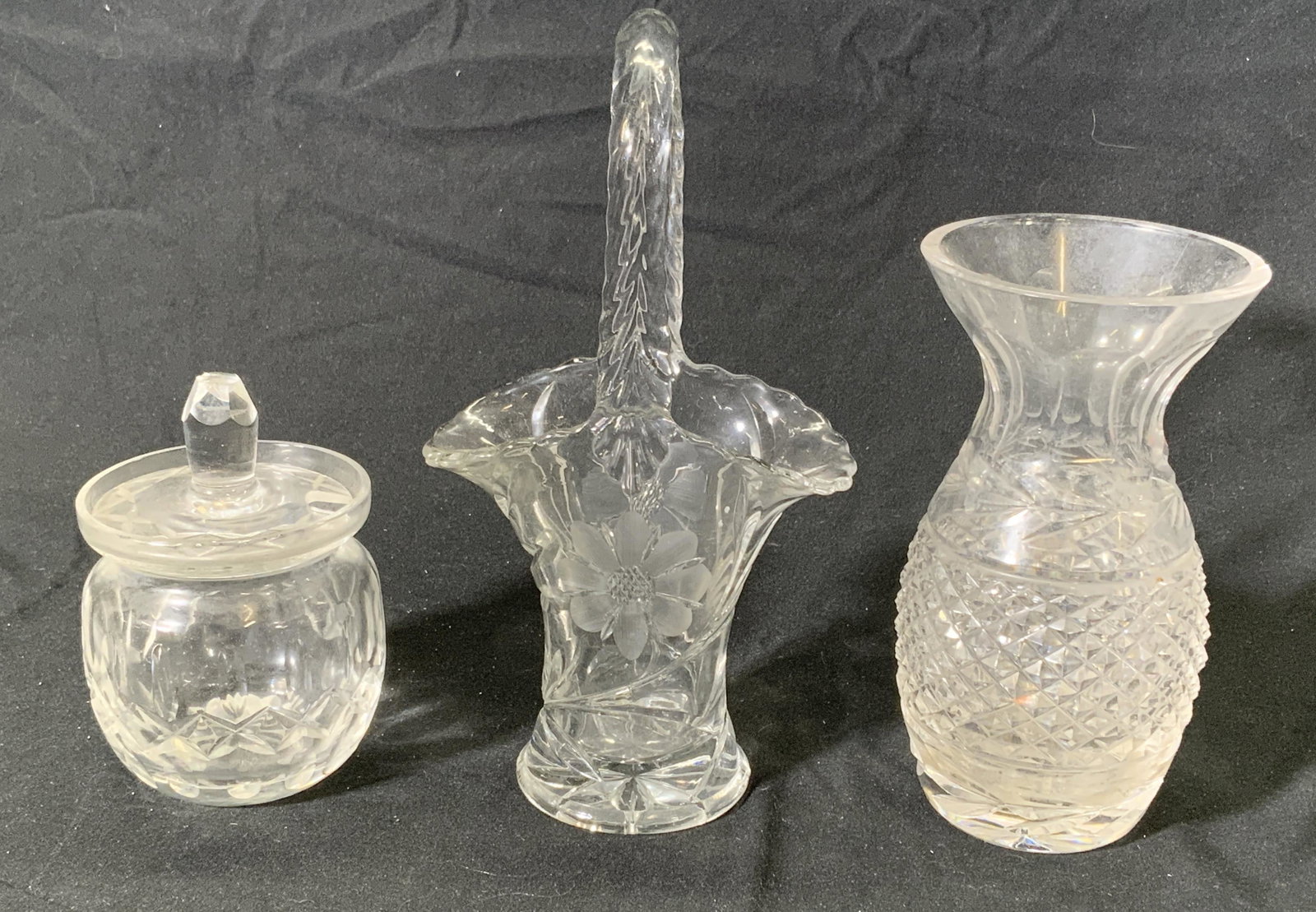 Lot 3 Cut Glass Sugar Bowl, Vase, & Basket (1 of 10)
