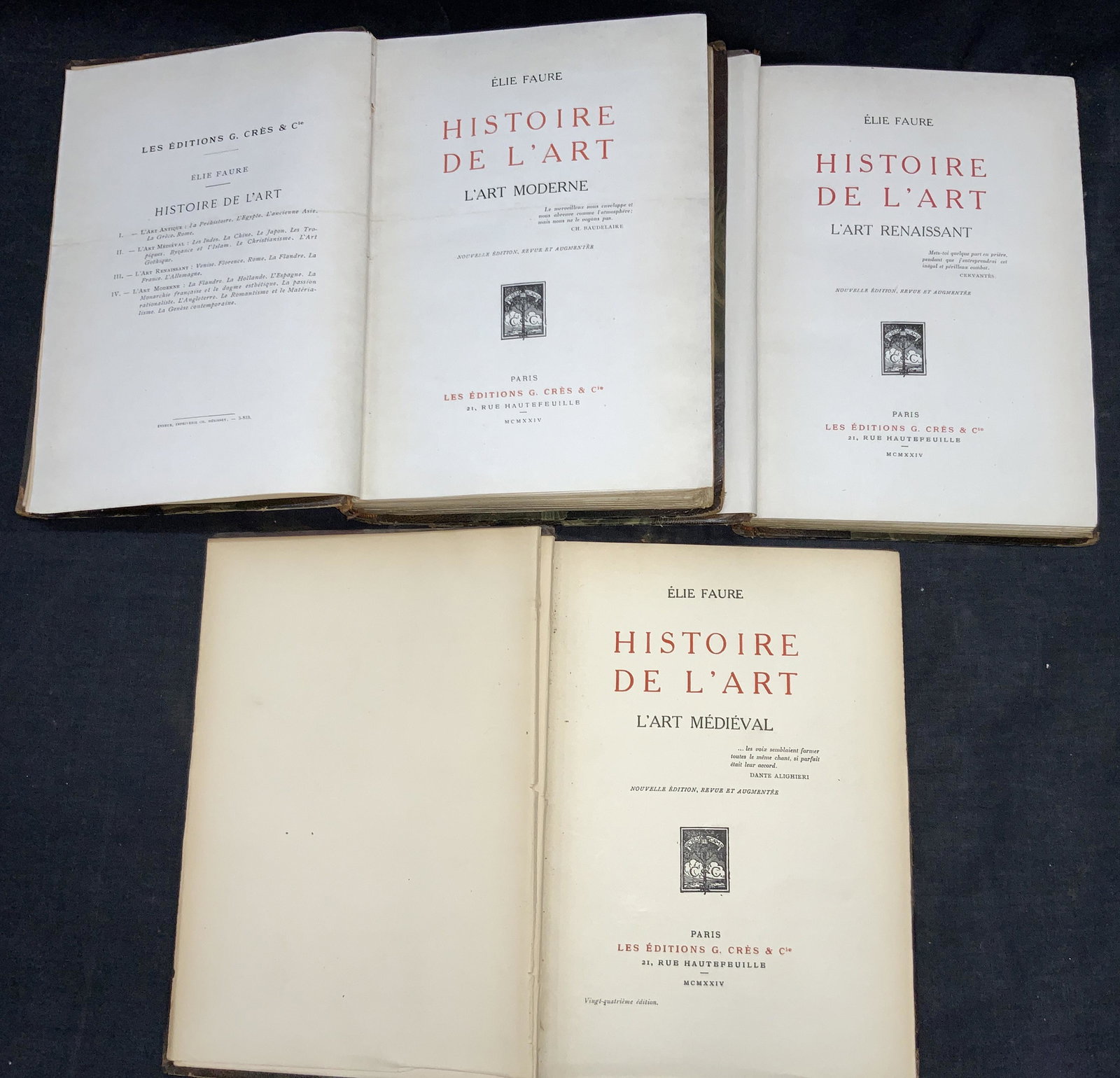 Vintage Set 3 Histoire De L Art By ELIE FAURE: 3 vintage hardcover art history books. 1 titled Hisoire de l art, L art Moderne, copyright, by Editions G.CRES ET CIE, 1921. 1 book titled L art Renaissant, copyright 1921, 1 titled L art Medieval, co