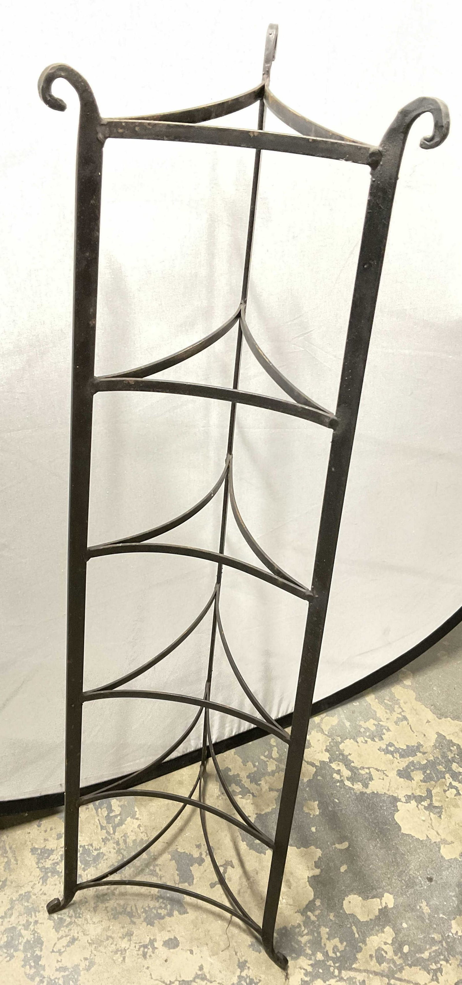 Metal Plant Stand / Home Decor: Metal plant Stand / home decor. Piece measures approx 46H inches x 11.5 W. 6 tiers to piece. Scroll like details. Wear to piece consistent with age and use. Rusting present. Metalware, metal plant sta