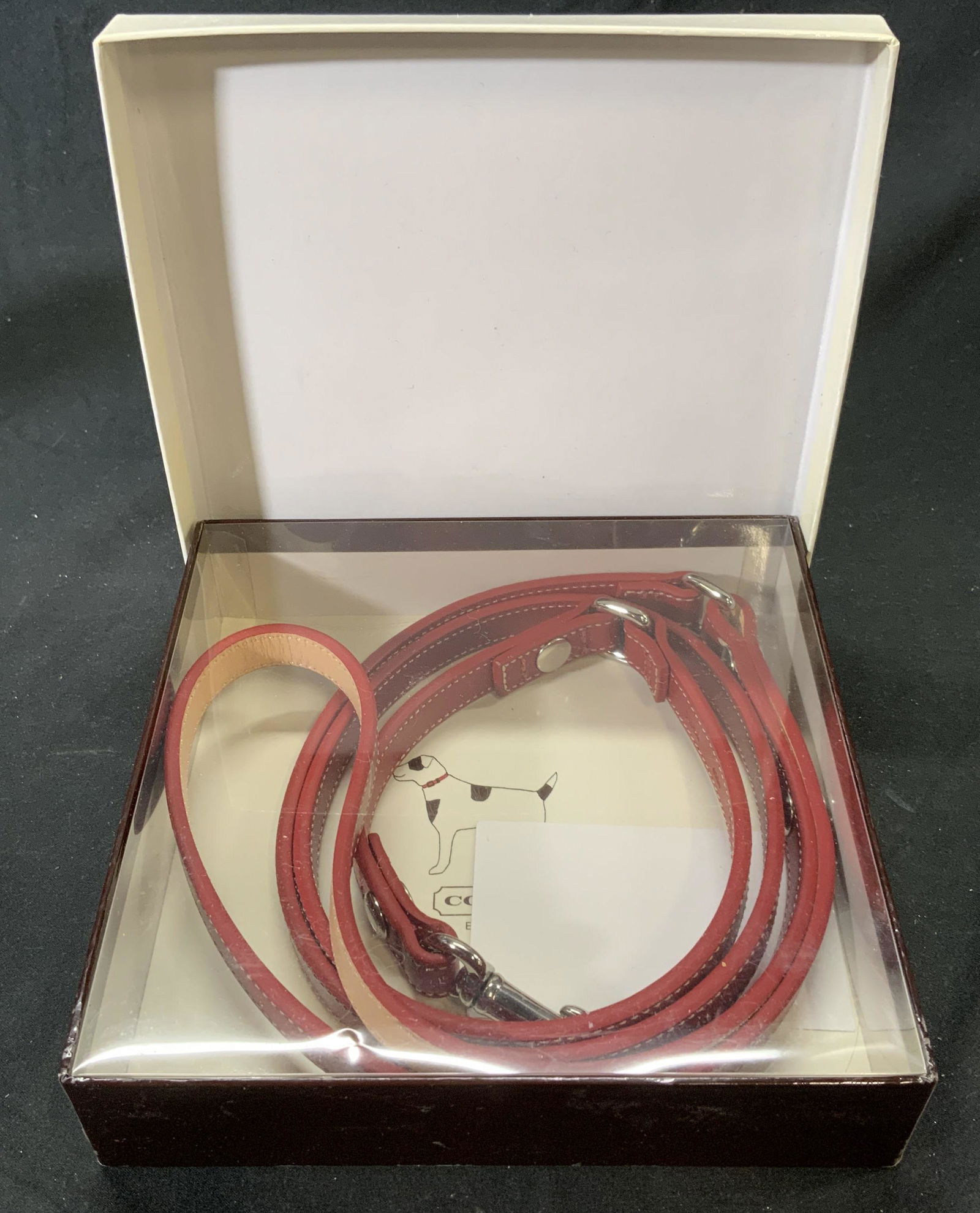 COACH Red Leather Dog Leash NIB: Coach red leather dog leash. New in original box. Leash measures approx. 51 inches long. Box measures approx. 6.25 x 1.5 x 6.25 inches. Coach, coach dog leash, coach dog accessories, dog leash, leathe