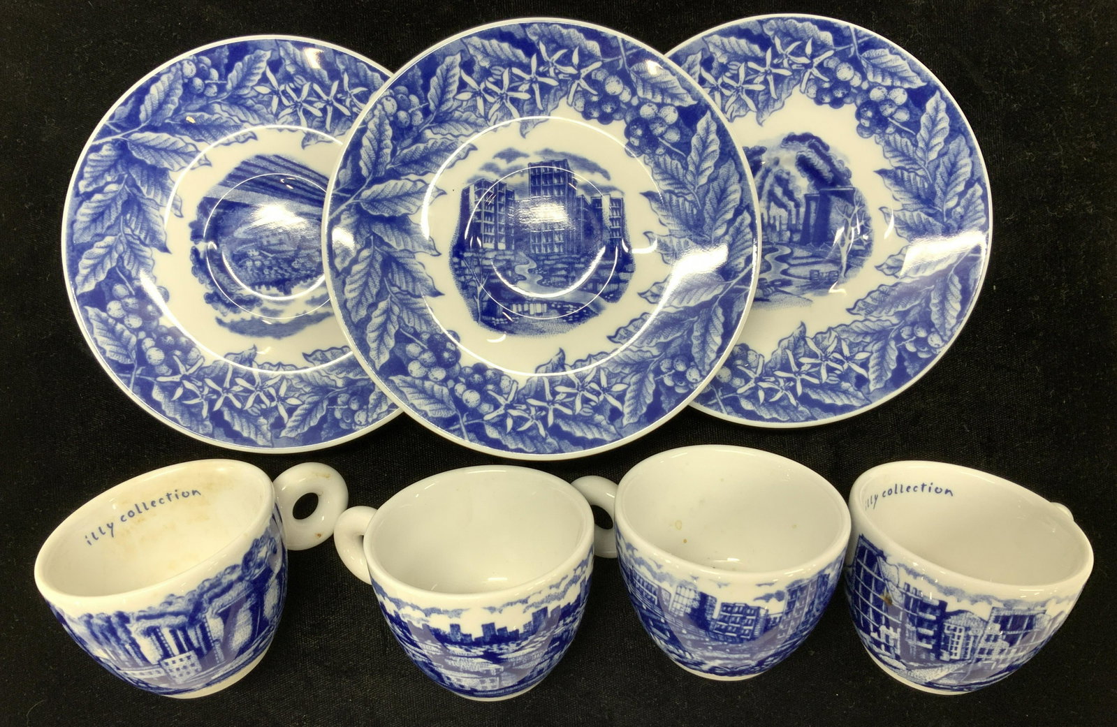 Set7 Rosenthal Rufus Willis Porcelain Demitasse: Collectible Rosenthal Germany signed illy collection. Blue and white porcelain with 4 demitasse cups and 3 demitasse saucers. One handle on cup repaired with glue. Verso reads Rosenthal Germany Illy c
