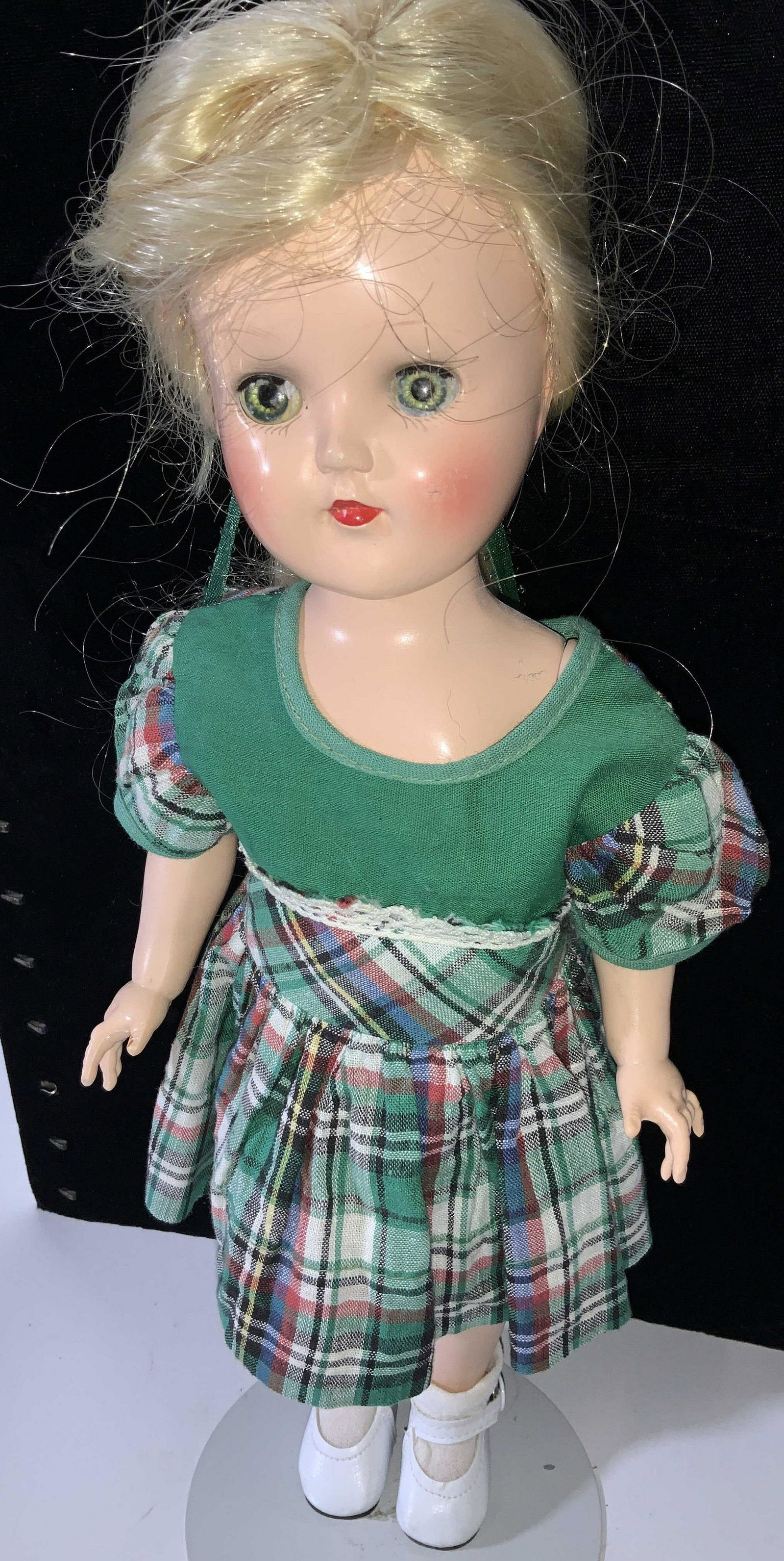 Vintage IDEAL DOLL w Plaid Dress on stand, Signed (1 of 7)