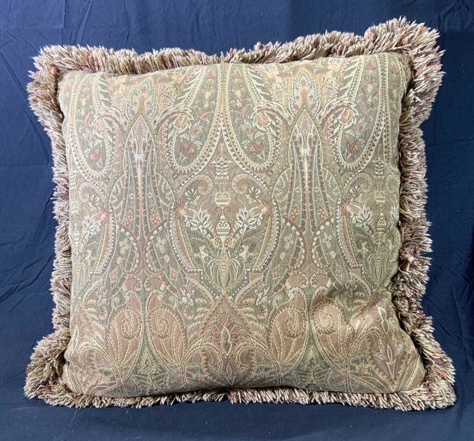 Vintage Floral Euro Sham Pillow w Fringe Trim: A vintage euro sham pillow with ornate floral motif in hues of brown, red, and green. Fringe trim. Measures approx. 24 x 24 inches. In good condition. Pillow, euro sham, European sham, sham pillow, be