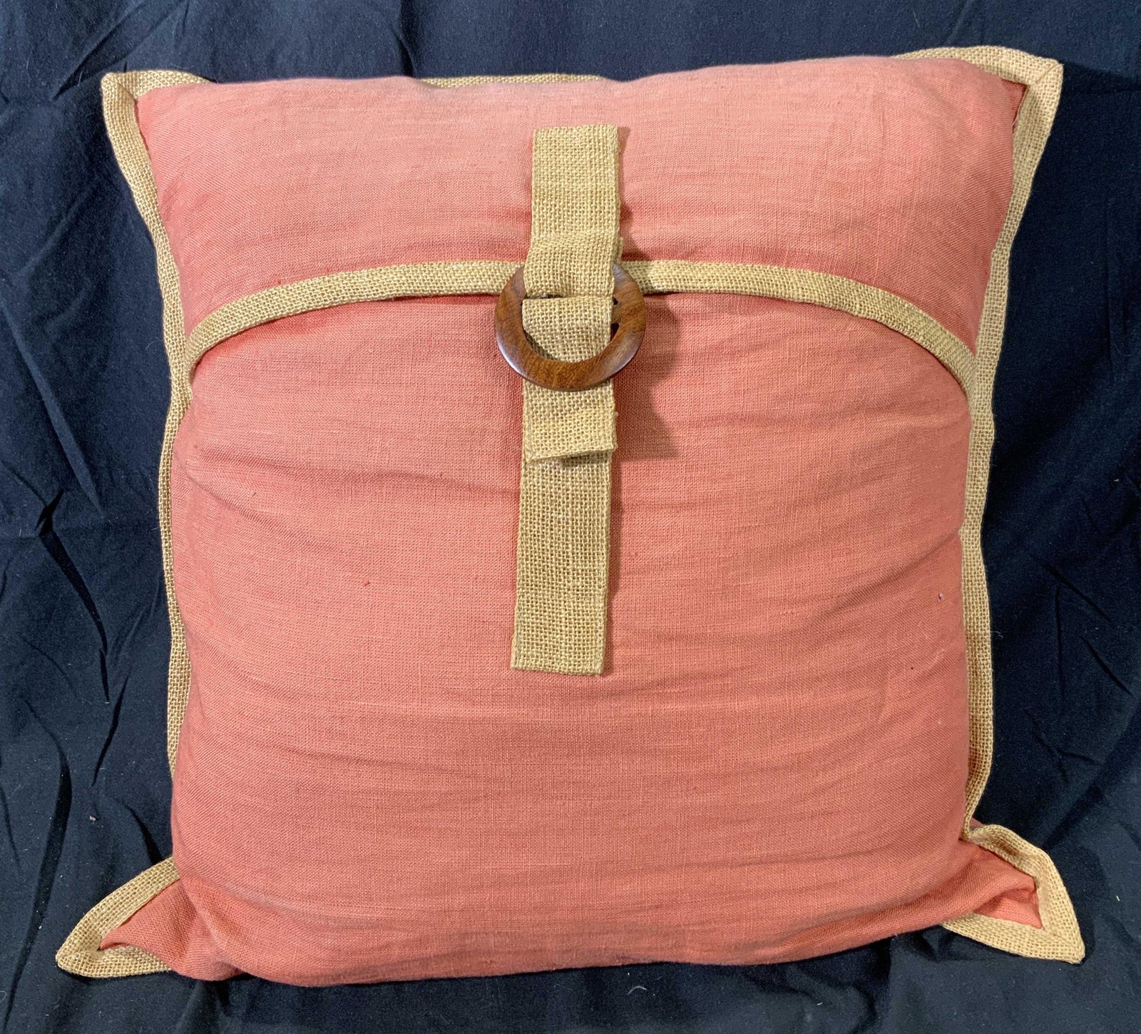 ZODAX Red & Tan Throw Pillow: A ZODAX throw pillow with a red and tan trim fabric pillowcase. Measures approx. 18 x 18 inches. Fading to fabric. Pillow is 100% polyester fiber. ZODAX pillow, ZODAX, Throw pillow, decorative pillow,