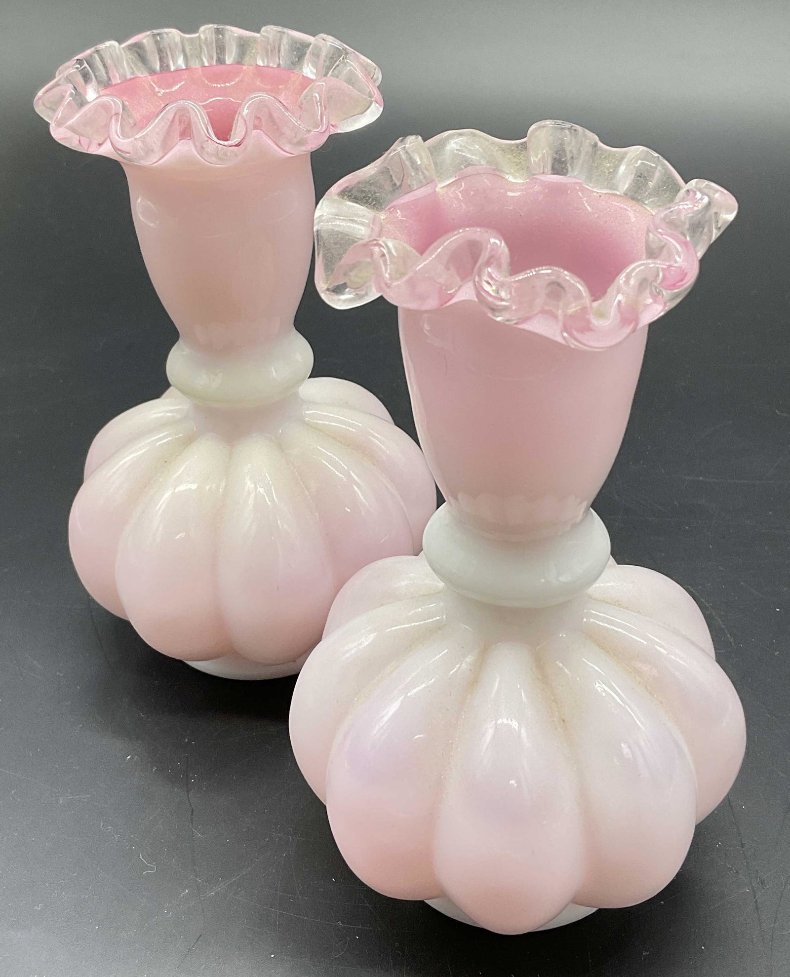 Pair Ruffled Fenton Style Glass Vessels: Pair Ruffled Fenton Pink Art Glass Vessel. Possibly Fenton, no label or mark to indicate. Measures approx 5.5H x 3W inch. Ruffled glass, handkerchief glass, pink art glass, Fenton, Fenton style, art g