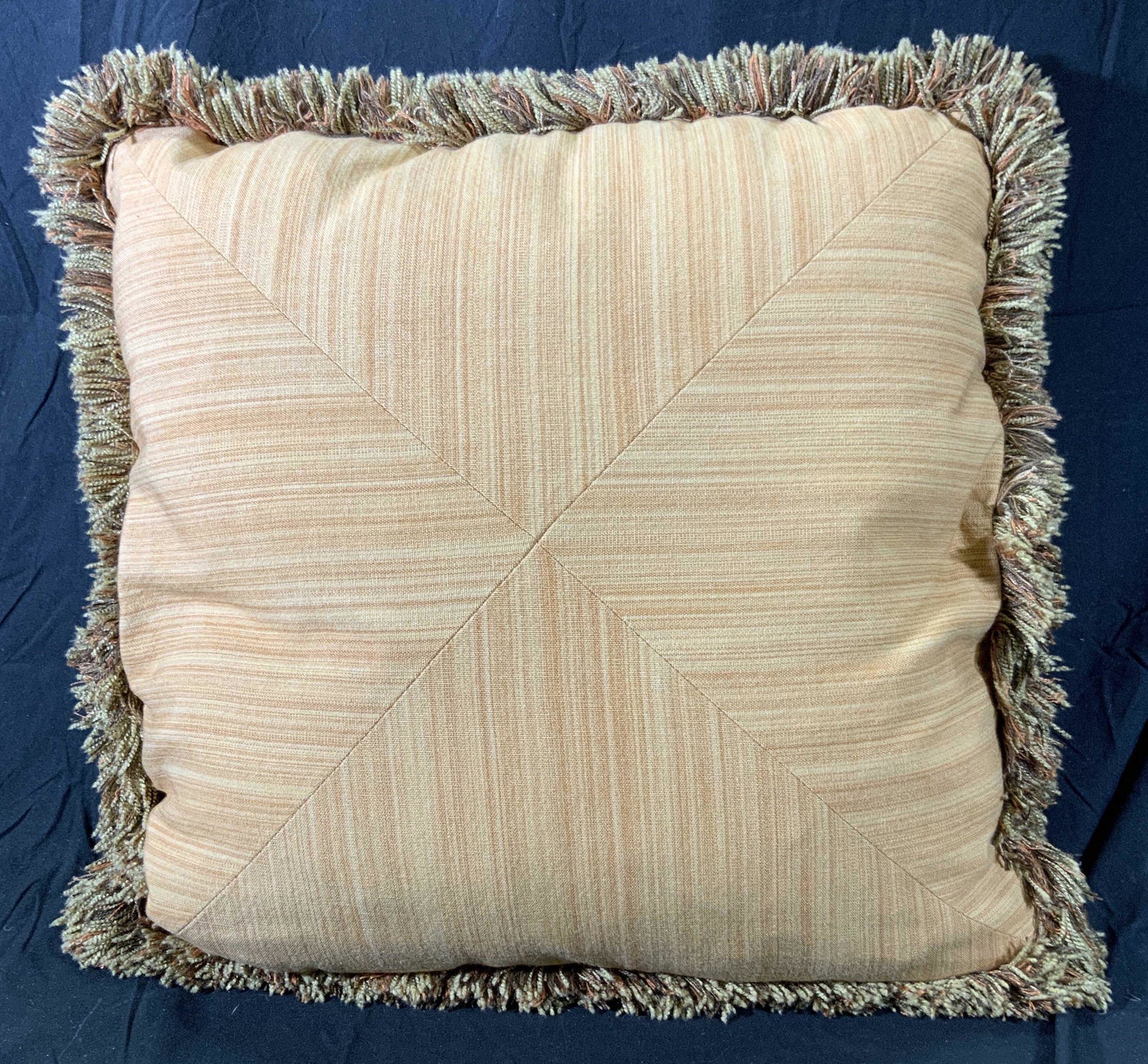 Orange European Sham Pillow with Fringe: A euro sham pillow with fringe trim in hues of orange. Measures approx. 22 x 22 inches. In good condition. Euro sham, sham, European sham pillow, sham pillow, bedding, bedroom decor, bedroom accessori