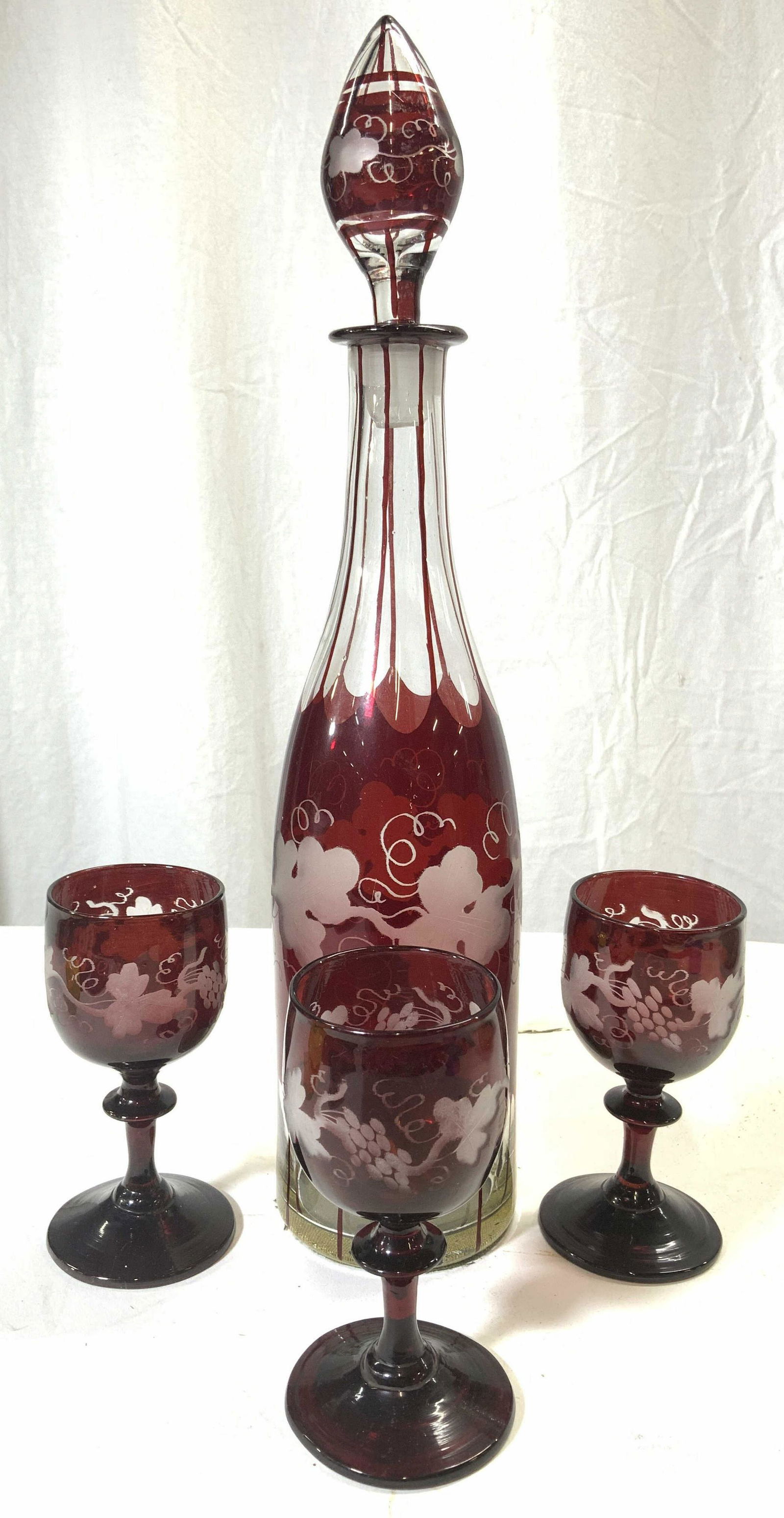 Set 4 Bohemian Glass Cranberry Toned Decanter Set (1 of 8)