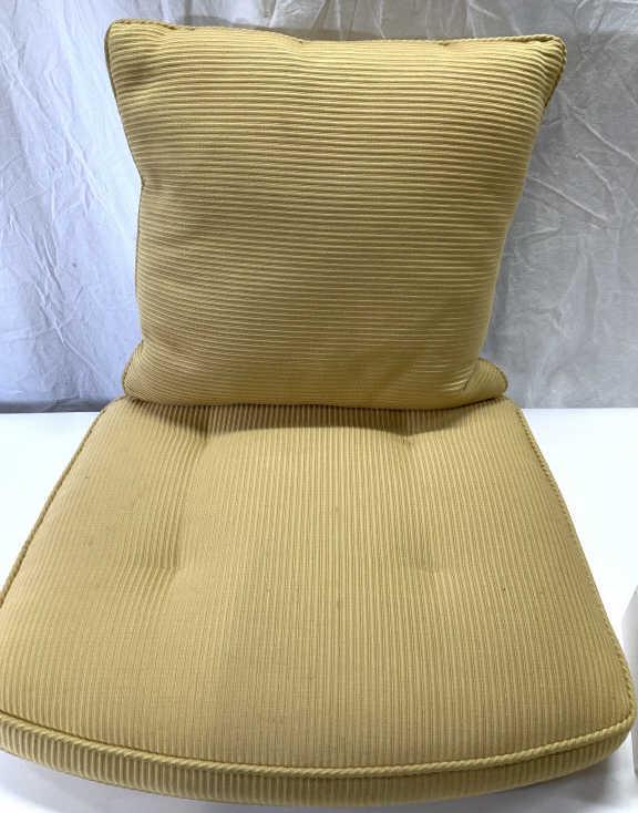 Fabric Covered Chair Cushion and Pillow, 2: Dandelion toned ribbed fabric cushion and matching feather pillow for a chair. Matching cording. Seat cushion measures 16.5 in deep. Backside measures 20 in. across, front side measures 22.5 in across