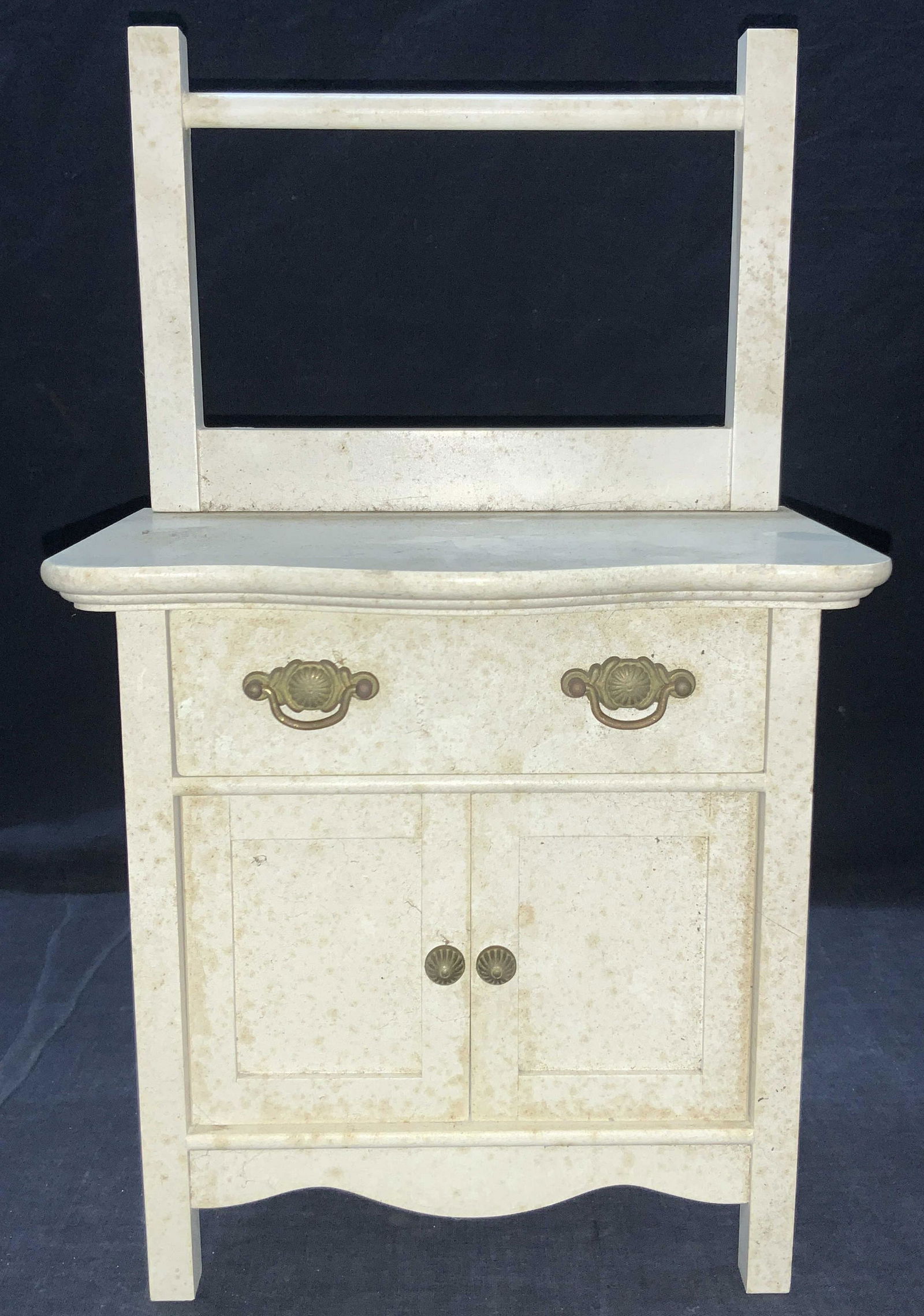 Pleasant Company American Girl Doll Dresser: A white Painted wooden doll house dressed with workable drawers and cabinets and towel rack on top. Drawers have brass toned knobs and pullers. Marked on underside Pleasant Company. Approximately 14 i