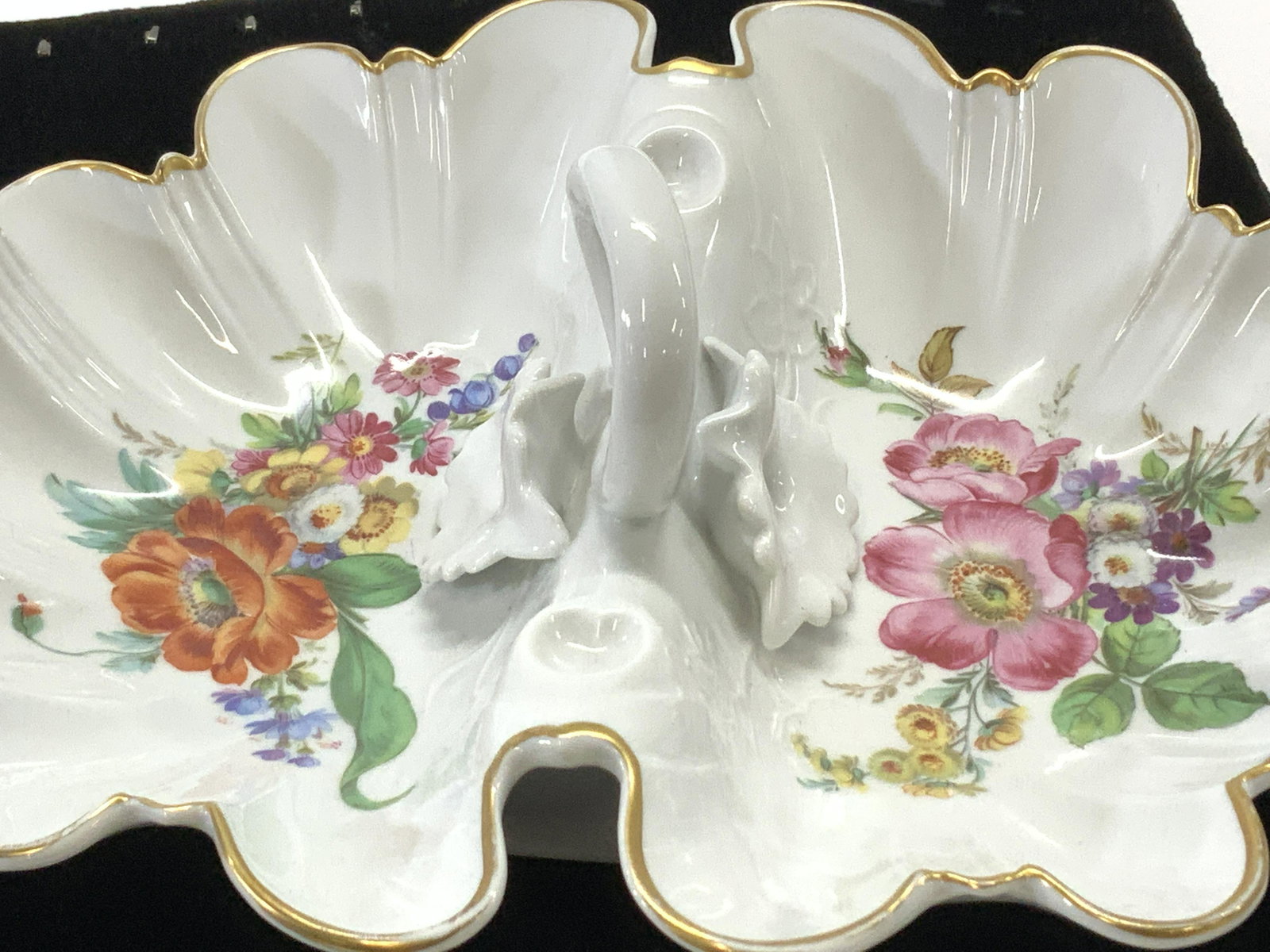 Gerold Porzellan Hand Painted Dish, GERMANY: The Gerold Porzellan Company was a Bavarian producer of luxury fine porcelain. Household items were produced from 1904 to 1997. White porcelain dish with top carry handle, porcelain flower figural aff