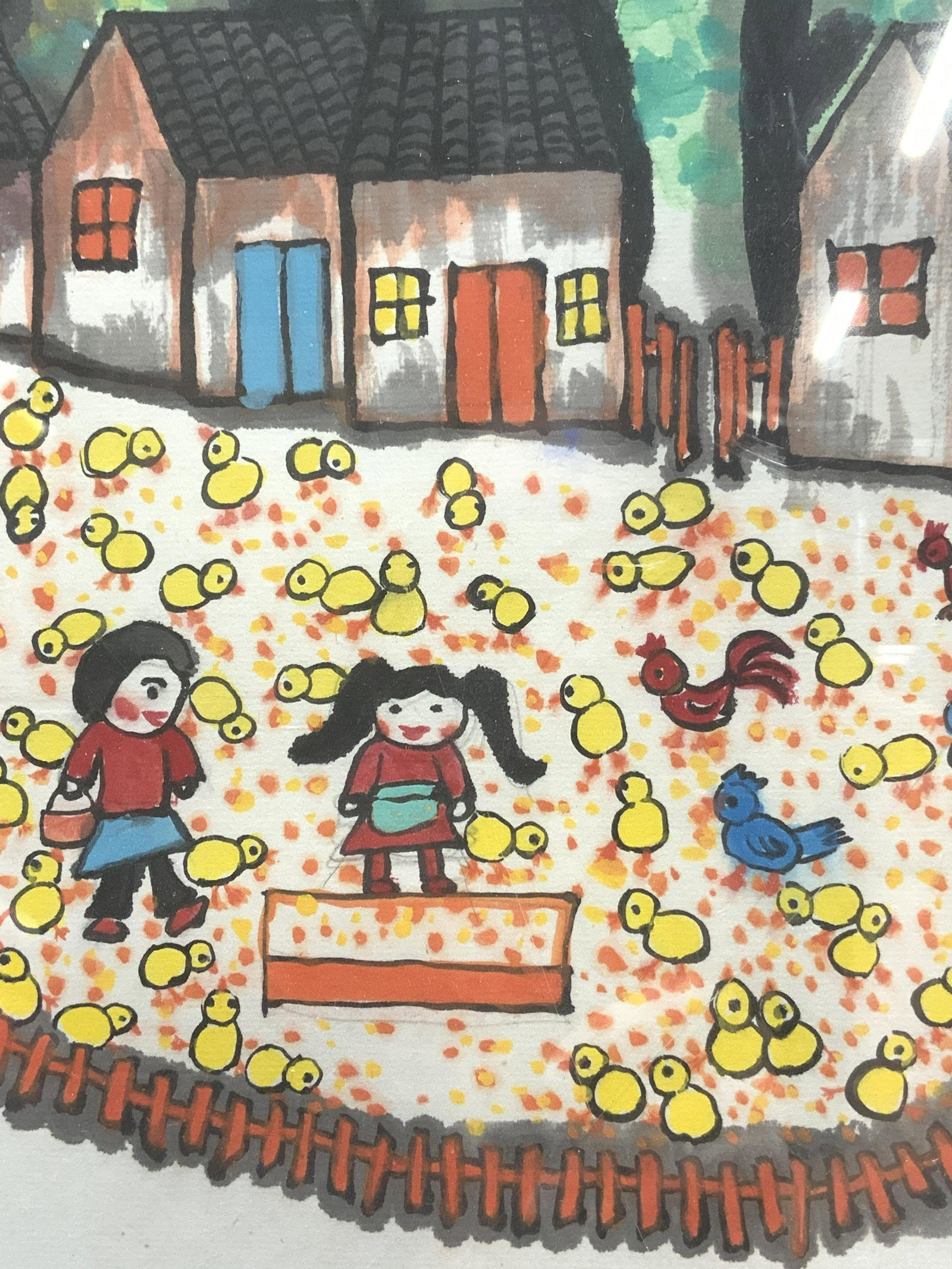 HUA RUI I Help Mum Vintage Painting, China: HUA RUI I Help Mum Vintage Painting, China, by child artist, inscription reads the cradle of Chinese childrens pictures…, subject shows two female figures surrounded by chicks and chickens with hous