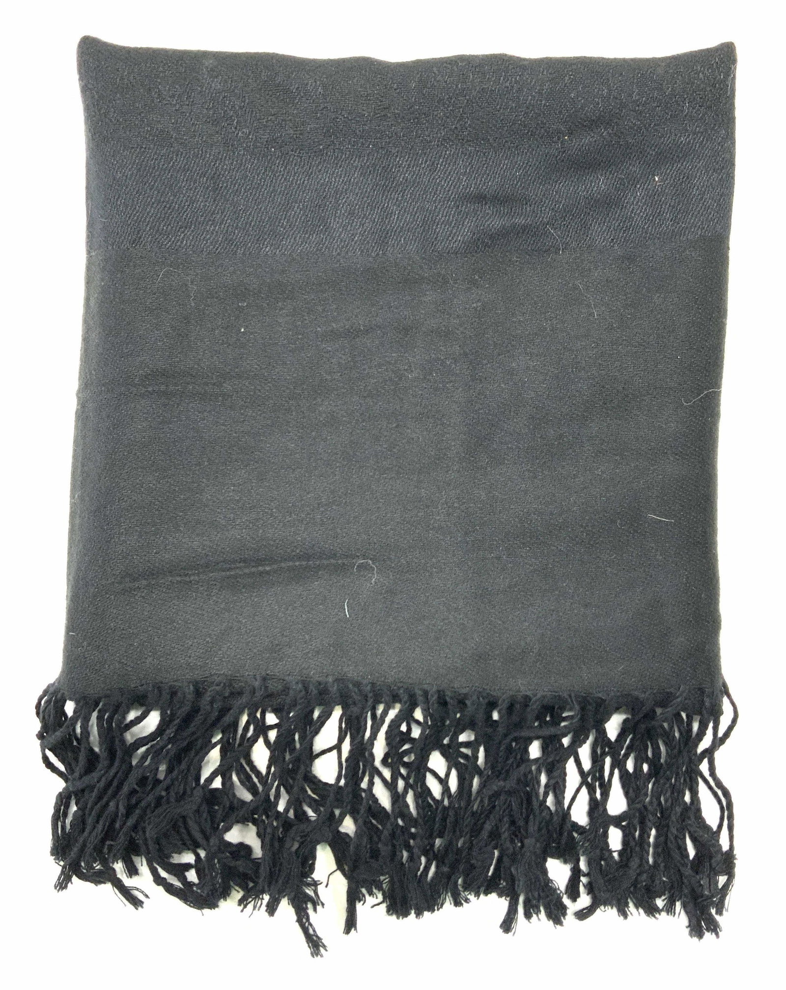 Solid Black Tassel Trim Fashion Scarf: A solid black scarf with tassel trim and monochromatic paisley pattern. Possibly cotton blend. Measures approx. 67 inches long. Some blemishes to fabric, needs cleaning. Scarf, black scarf, tassel sca