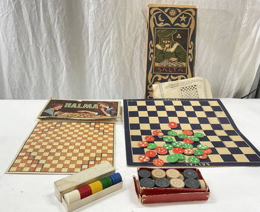 Lot of Vintage Board Games: Lot of vintage board games. Sets may not be fully complete. Box of casino chips, checkers, salta board game, and a Halma Board. Instructions for Salta Board game to piece, in a different language. Sur