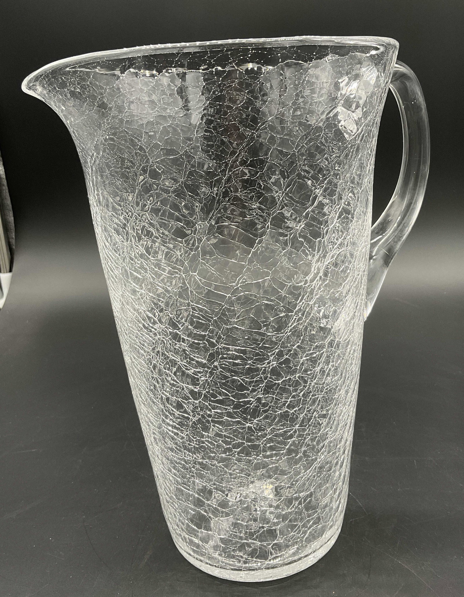 Clear Crackle Glass Pitcher: Clear glass pitcher with crackling detail. Measures approx 8 x 9.25 inches. Pitcher, kitchenalia, wine pitcher, kitchenware, ceramicware, drink accessories, drinkware, clear pitcher 11