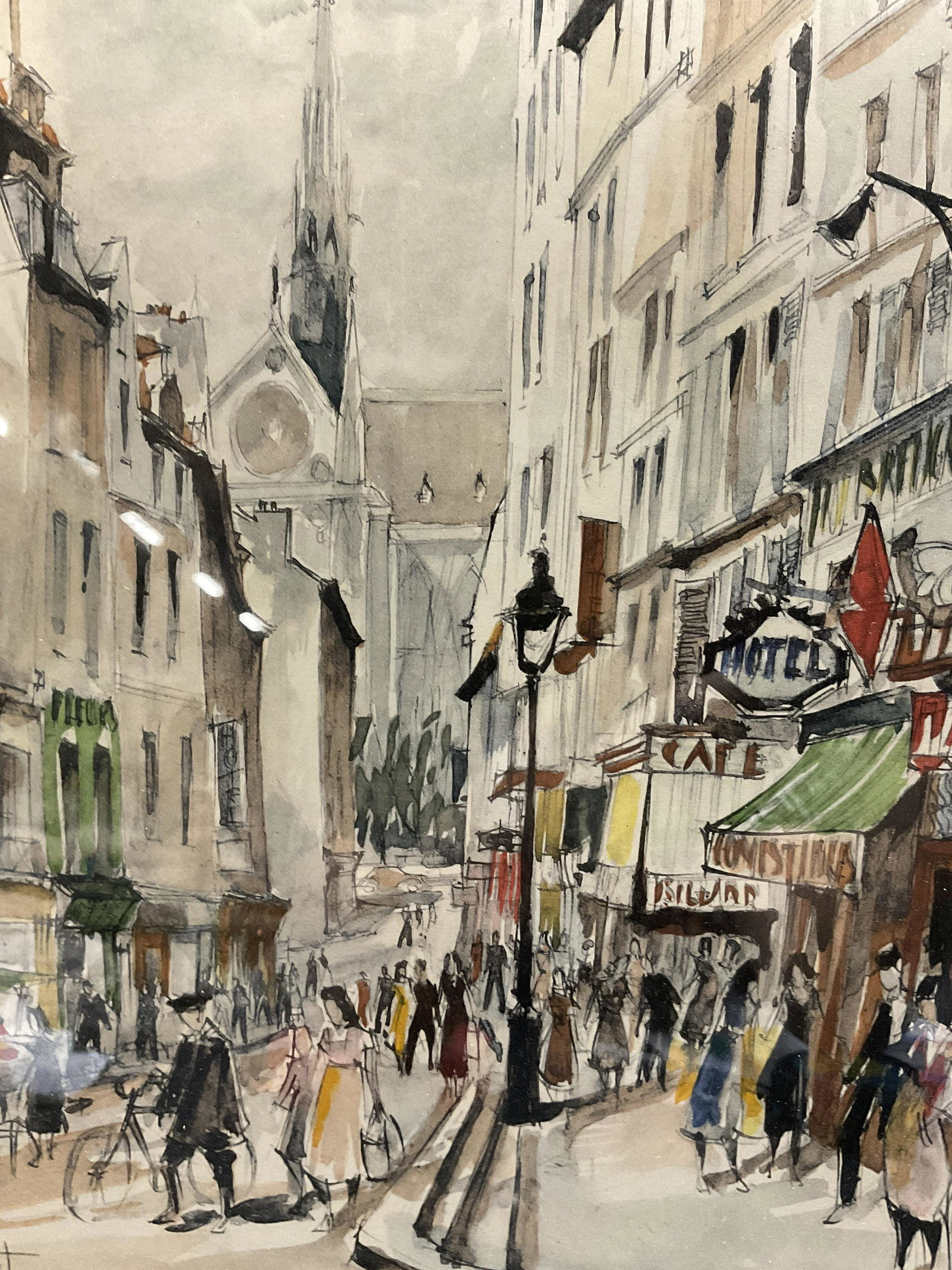 HERBELOT Lithograph of Paris Place Maubert: HERBELOT Lithograph of Place Maubert, inscriptions read Herbelot, Paris Place Maubert, 16/9, label to reverse reads Boots Drugstore Picture Framing Department, subject a busy Parisian street corner, m