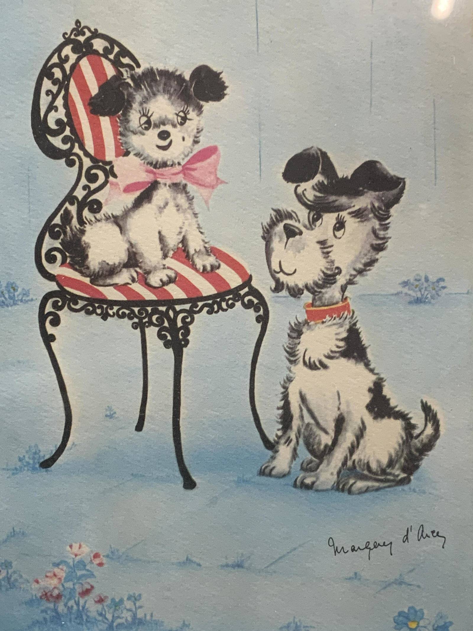 Cartoon Dogs With Chair Lithograph: Cartoon Dogs With Chair Lithograph, signed illegibly in lower right, subject shows a dog sitting in a chair with a pink bow around her neck looking at a dog sitting on the ground with a red collar, a 