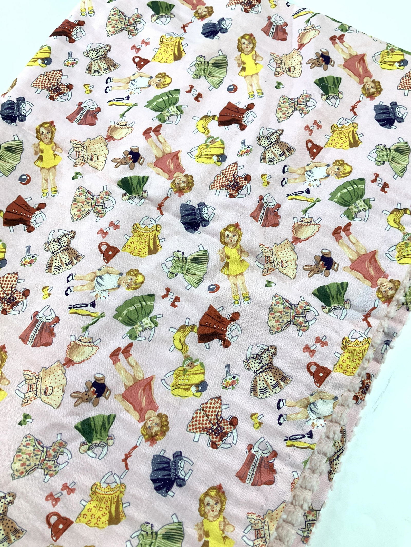 B.B. KOALA Paper Doll Motif Baby Blanket, New: Pink linen and Cotton terry baby blanket, new and wrapped with bow and original tag. Motif is paper doll dresses and and girl dolls. 33 x 42 in. 3 Baby gifts, Baby Blanket, baby play may blanket, Baby