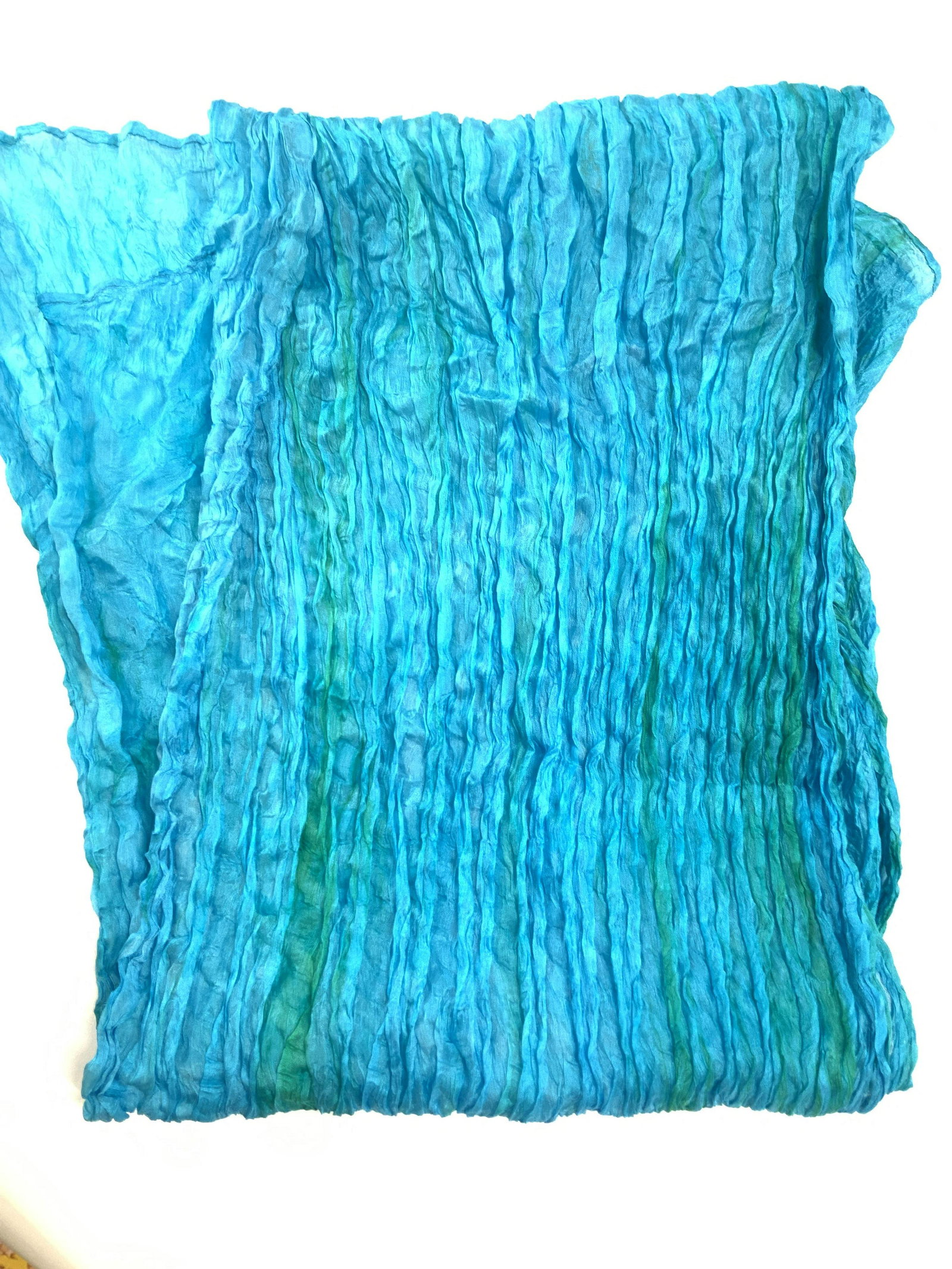 Turquoise Ruched Fabric Fashion Scarf: 18.5 x 64 in. ruched fabric scarf, turquoise color with green accents. Possibly Polyester. 3 Wearables, Ladies accessories, Scarf, Ladies fashion, Bohemian Wear, Evening wear accessory, Turquoise colo