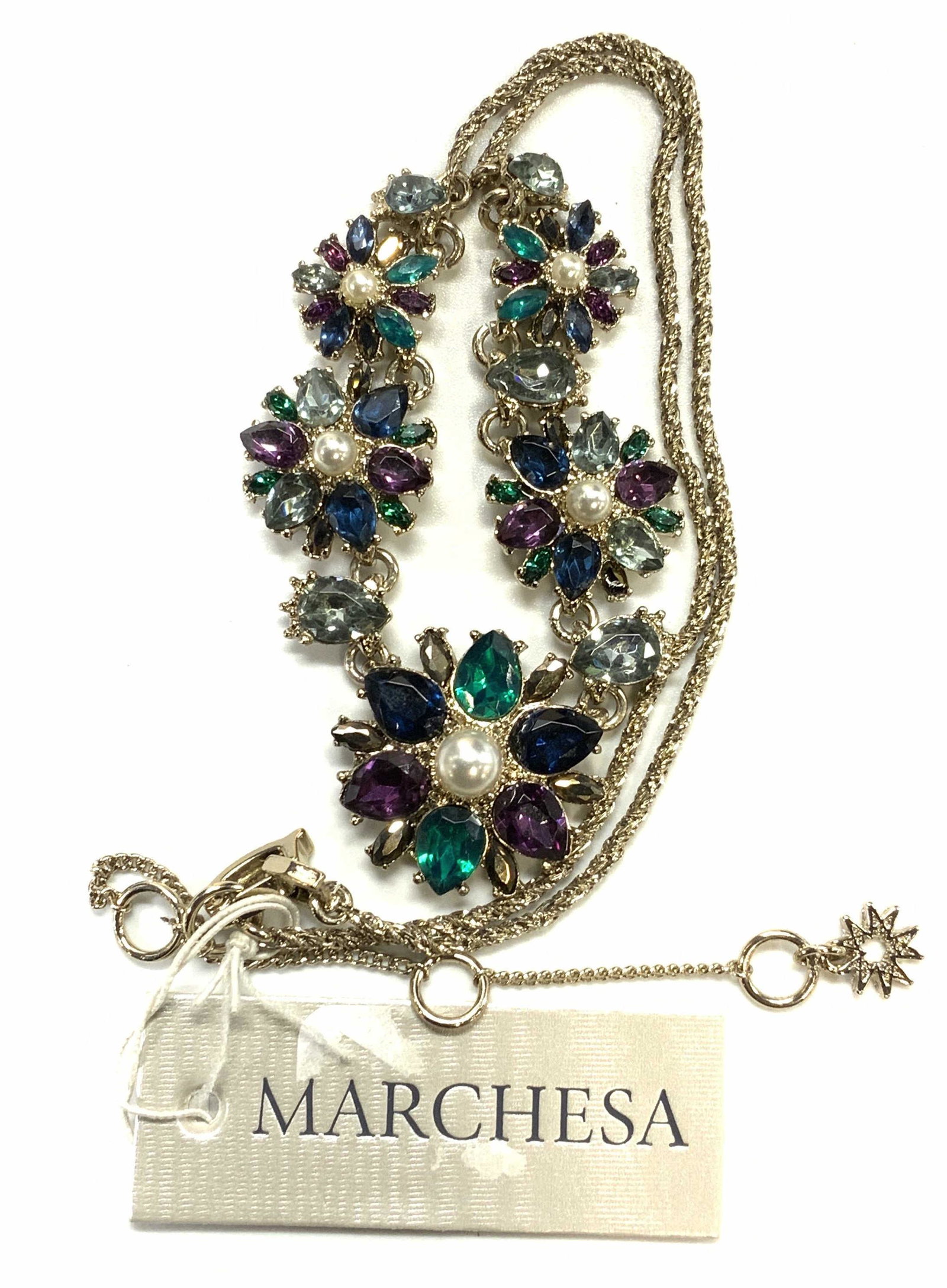 MARCHESA Crystal Floral Choker Necklace NWT: Marchesa crystal floral form necklace with prong set faceted purple, blue, and green hued crystals. Box clasp. Necklace is new with original tag. Retail value $78.00. Measures approx. 19.5 inches. Des