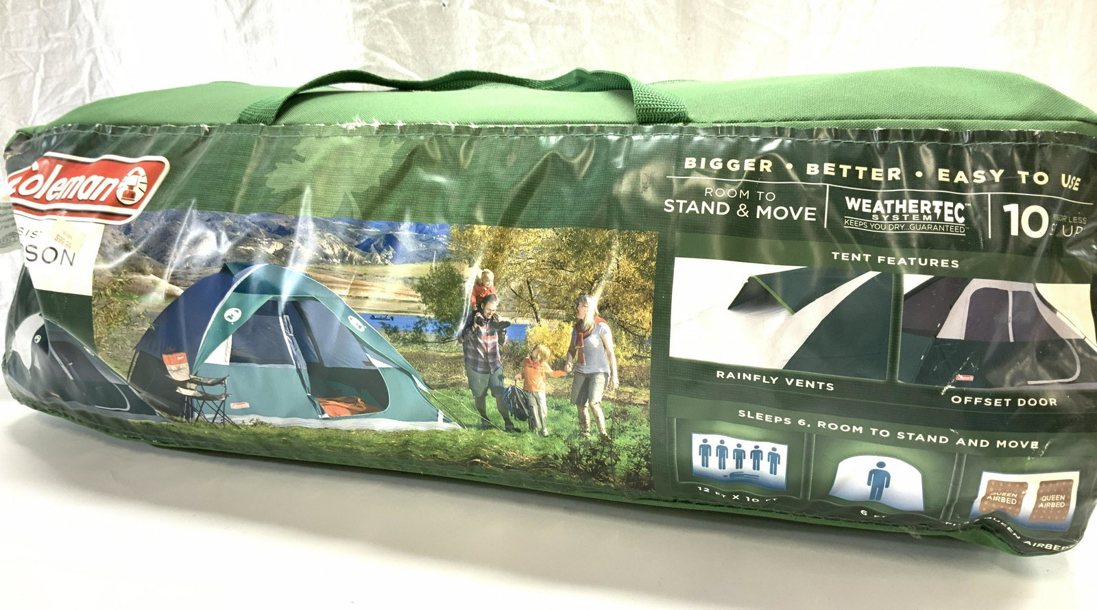 COLEMAN 6 Person Polyester Taffeta Tent in Bag: COLEMAN Weatherproof tent with rain fly vents and door that rolls open and zippers. measures 12x 10 FT. Ht is 6 FT. Will fit 6 people and will fit a queen size blow up mattress. Not Inspected out of c