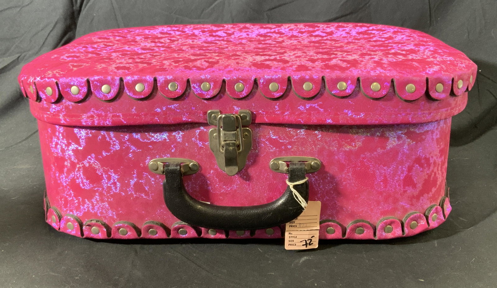 Vintage Iridescent Pink Luggage Bag/Suitcase: A vintage iridescent pink suitcase or luggage bag. Measures approx. 17.5 x 12.5 x 6 inches. Hinge needs repair. Made in the USA. Suitcase, luggage bag, carry on bag, pink suitcase, pink luggage bag, p