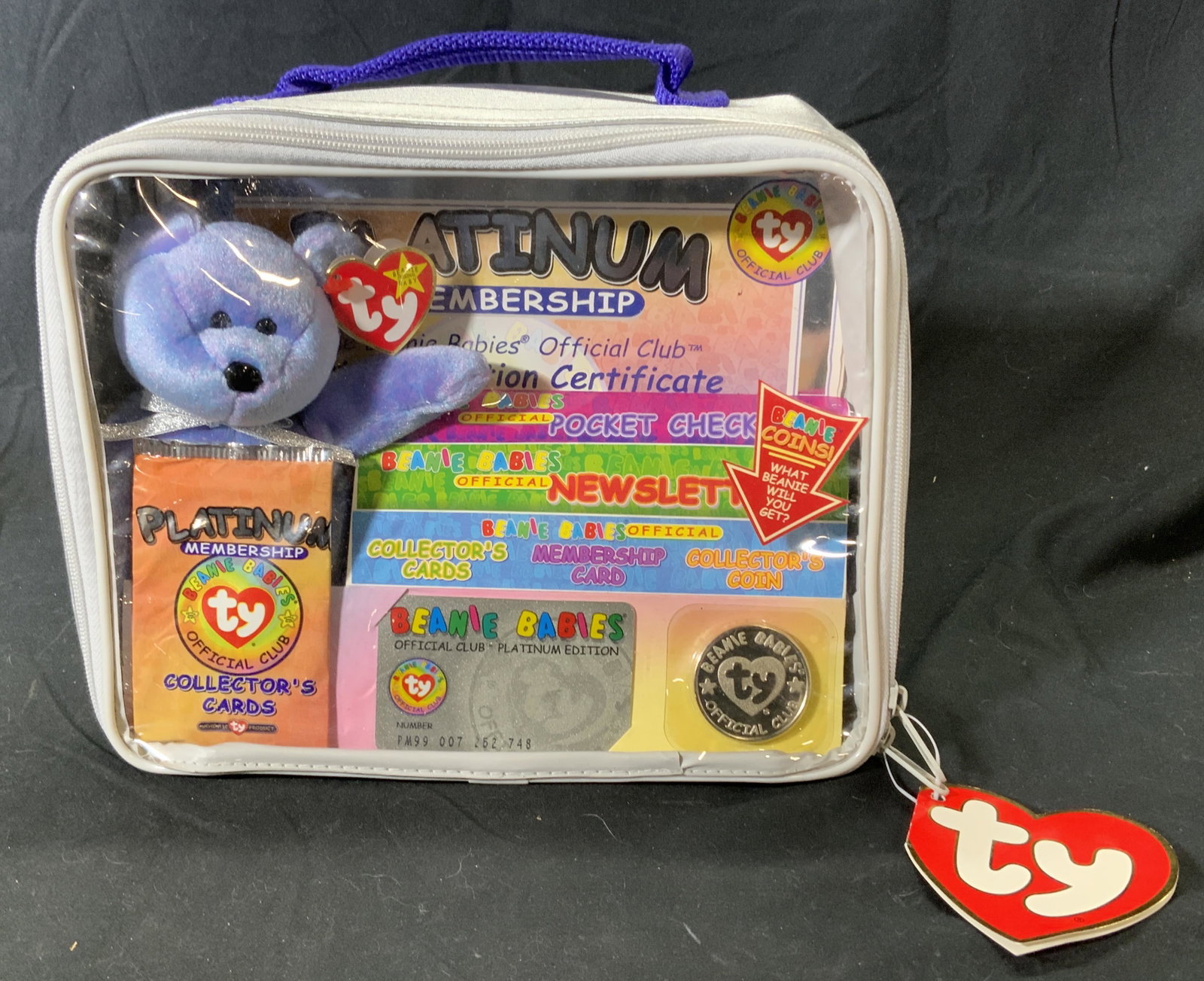 Vtg BEANIE BABIES Platinum Club Collectibles, New: Vintage Beanie Babies Platinum Club official membership certificate, card, collectors coin, special edition beanie baby, and collectors cards. New in original sealed package. Measures approx. 10 x 3 x