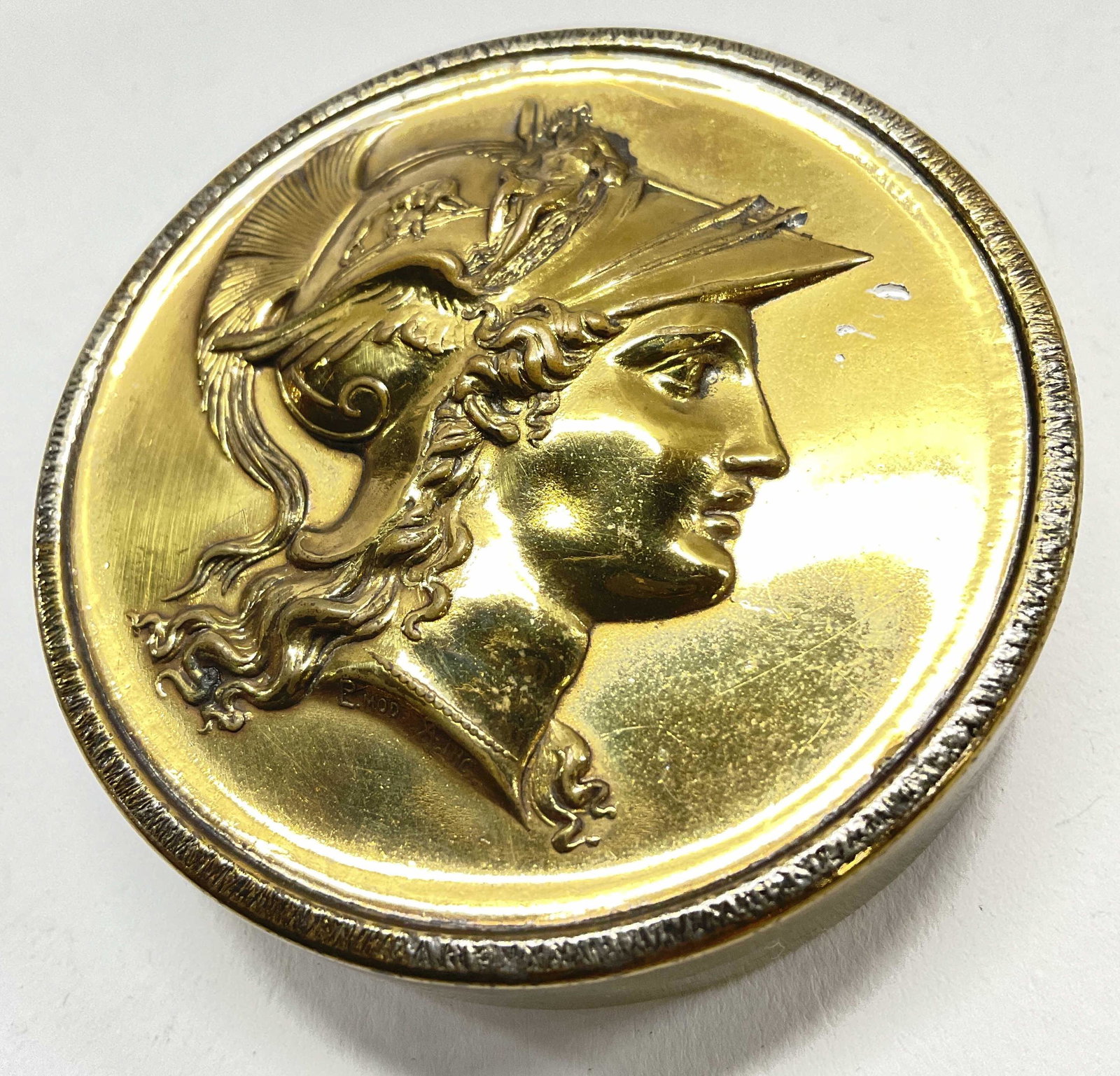 Athena Relief Portrait Pill Box, Goddess of Wisdom: Pill Box W Athenas Face, Goddess of Wisdom. Measures approx 2.25 inches metal is a little warm away. Could be used to store jewelry. Metal is not magnetic. Pill box, up cycle jewelry box, Athena motif