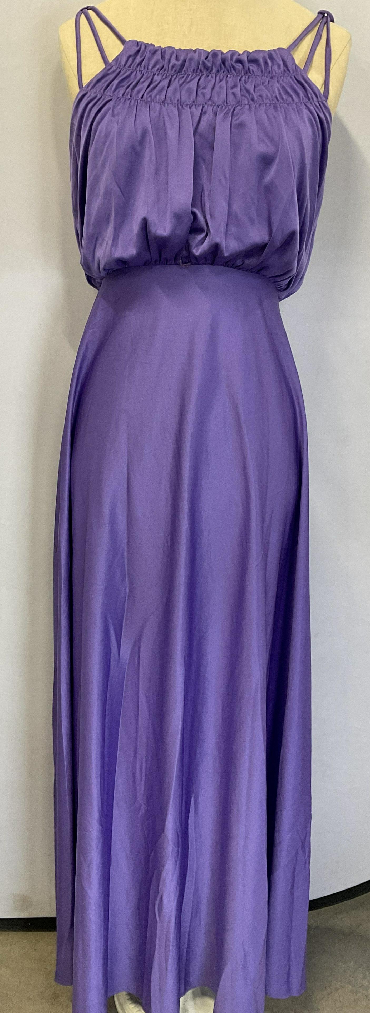 Vintage 70s Lavender Dress: Vintage 70s Lavender Dress. Length from waist down measures approx 44 inches, waist measures 14 inches. Minimal wear to piece. No material of label to dress. Zipper closure to back. Long dress, summer