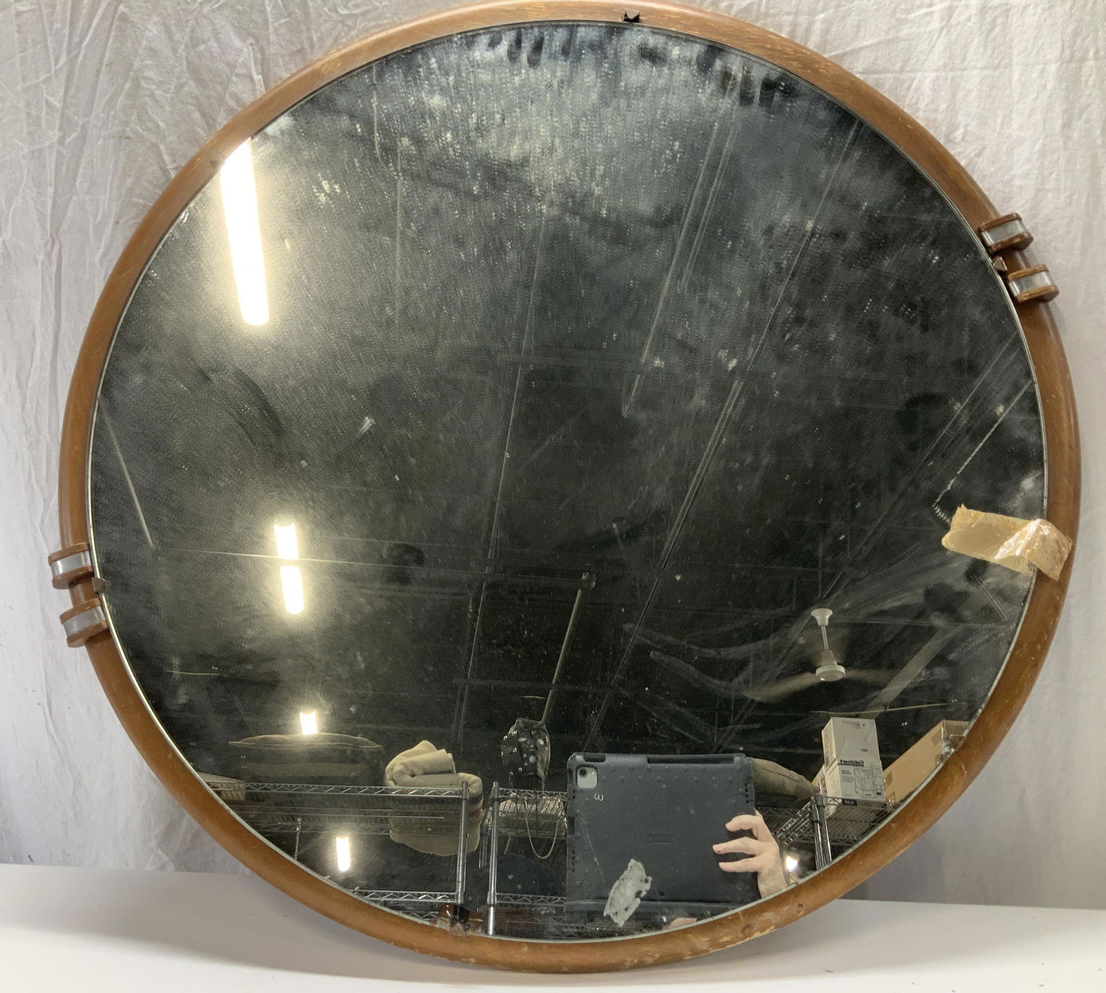 MCM Oversized Round Mirror on Solid Wood (1 of 7)