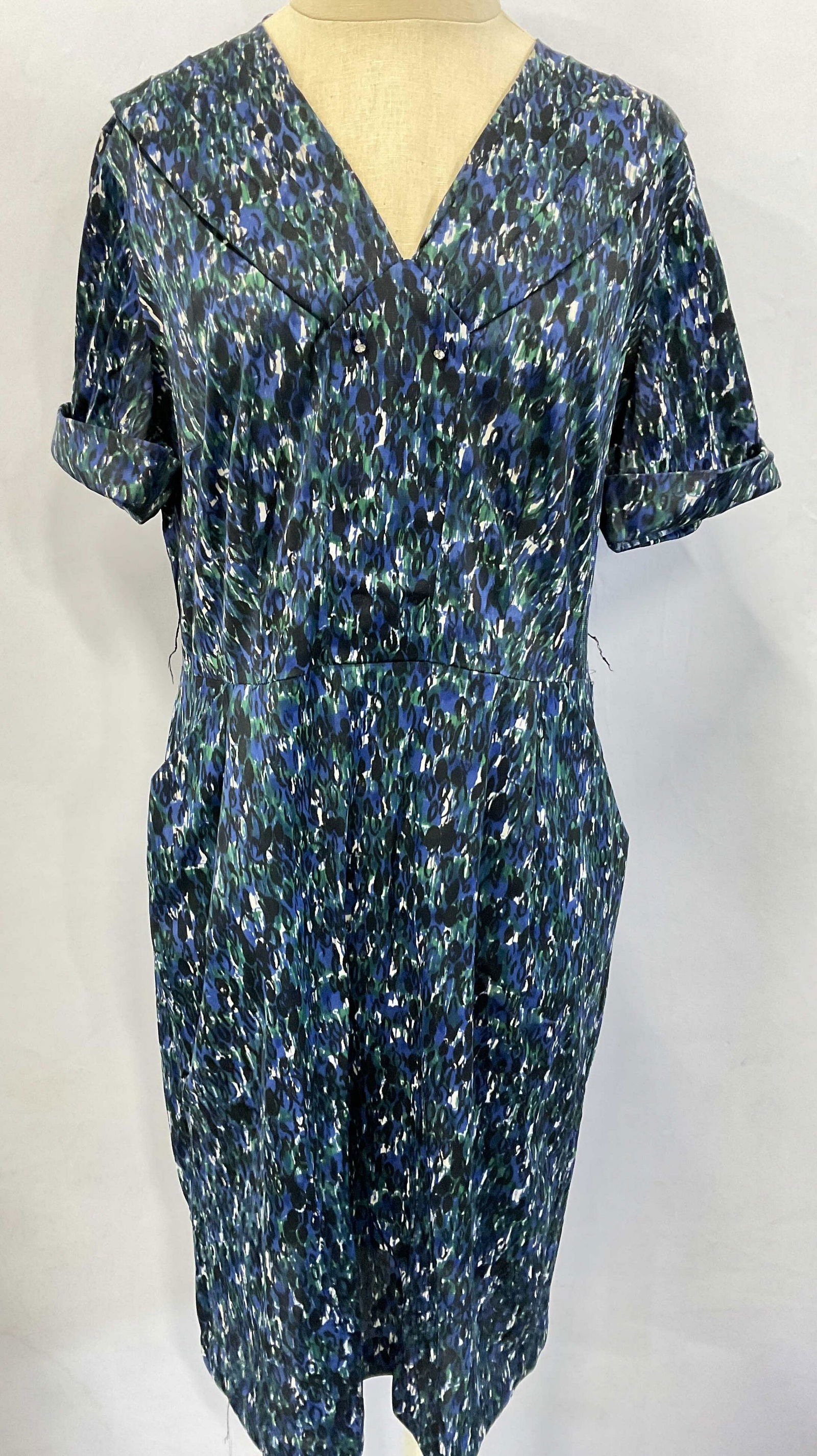 Vintage Green & Blue Dress W Pockets (1 of 6)