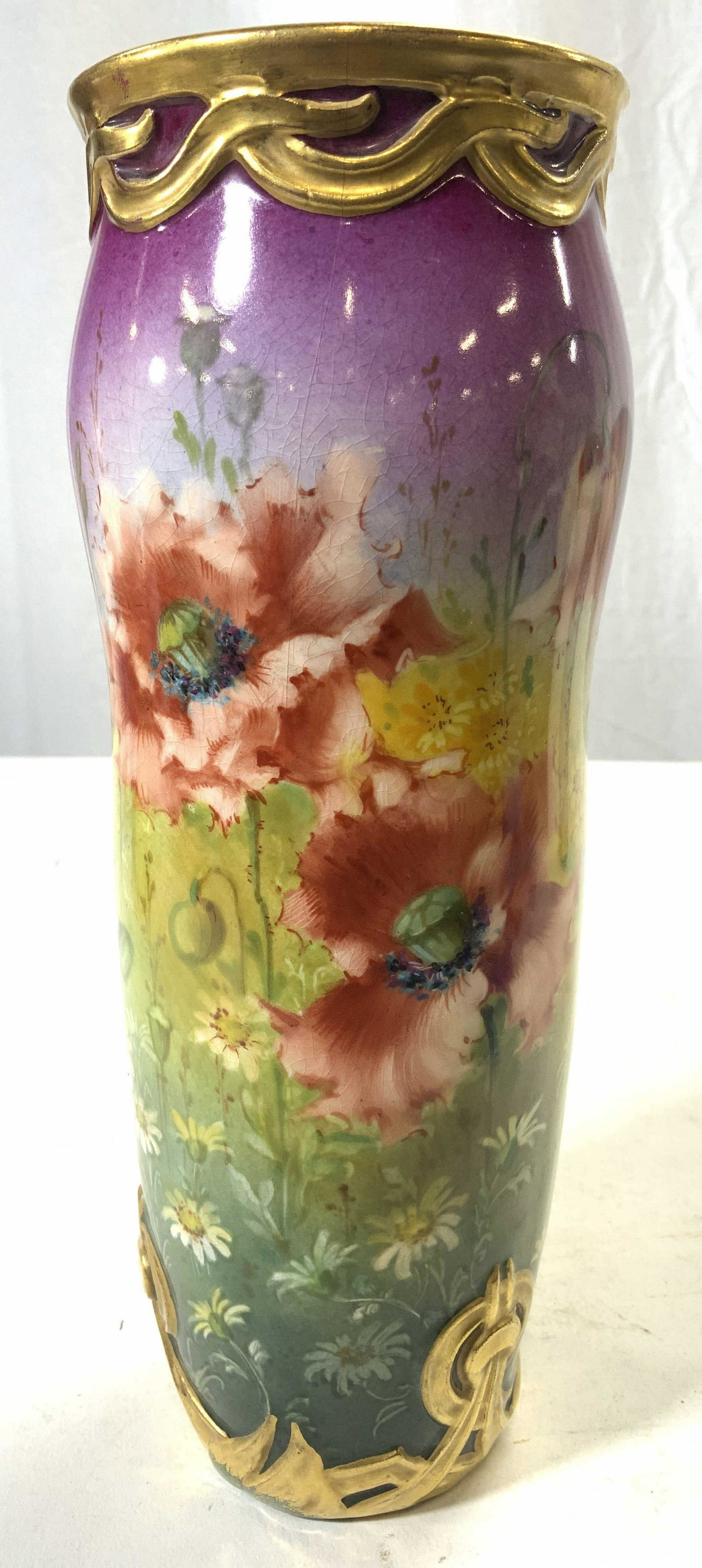 ROYAL BONN Germany Porcelain Vase: Underside is marked ROYAL BONN GERMANY. Vase has intricate multi toned floral & leaf detail. Rim & lower area has gold gilt. Vase measures approx 9.25 inches tall 3.5 inches wide. Vase, vessel, porcel