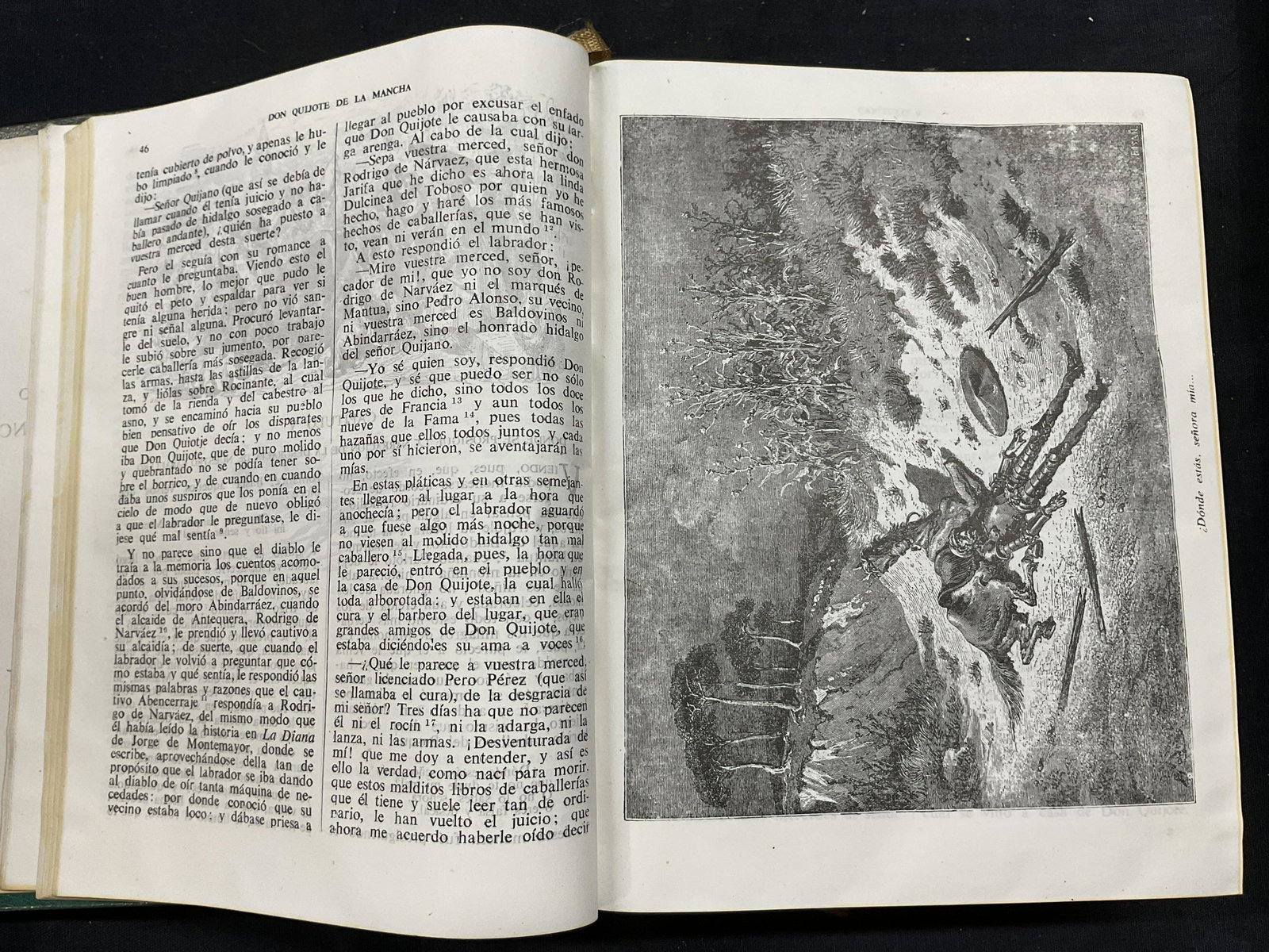 Vintage DE CERVANTES Don Quixote Book: Vintage DE CERVANTES Don Quixote Book, inscriptions read M de Cervantes Don Quixote de la Mancha Castilla, fourth edition, no date present, inscriptions to piece in Italian, measures 7 1/2 x 6 1/8 inc