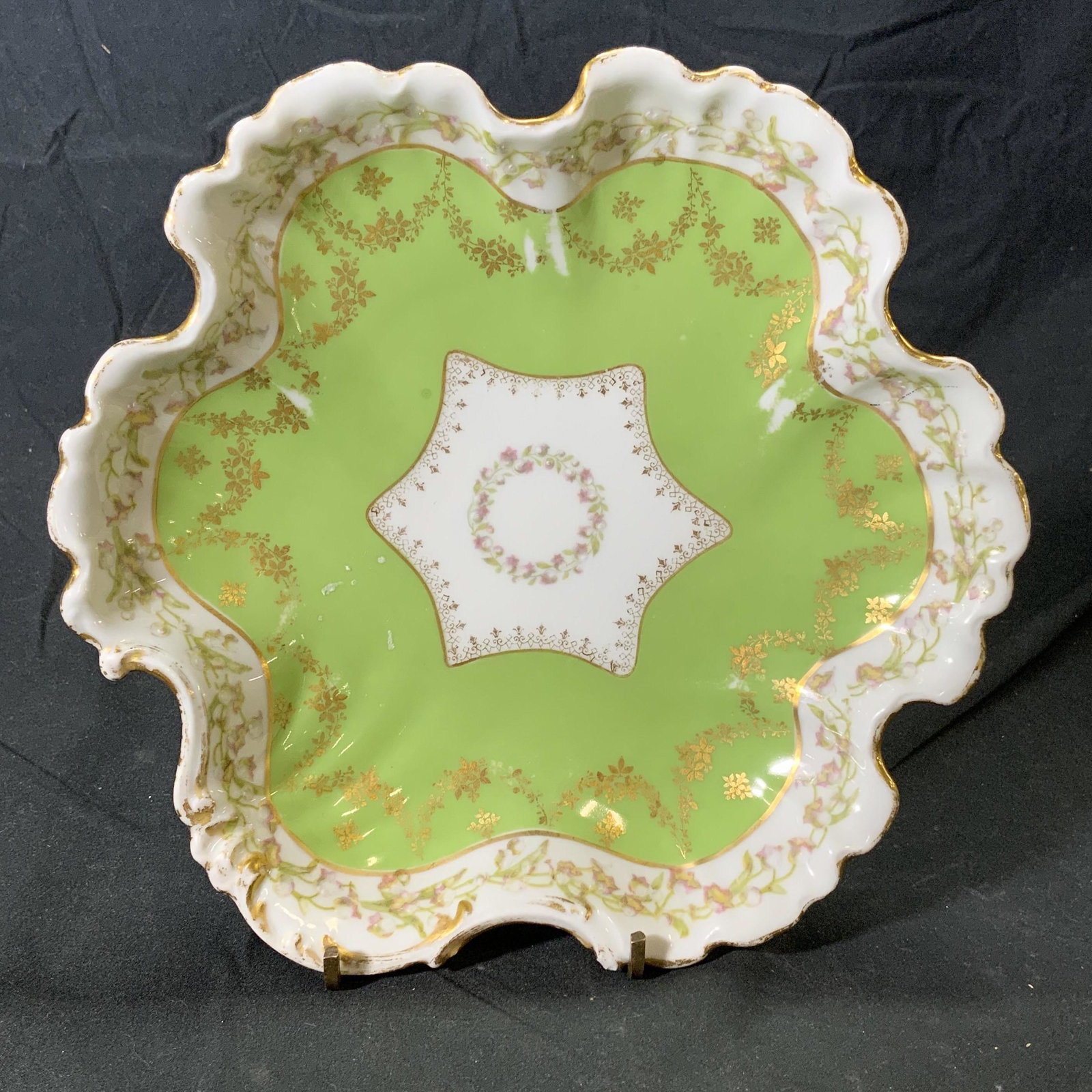 RB BOSTON Vintage Painted Porcelain Dish FRANCE: Charles Ahrenfeldt RB Boston hand painted and gilt porcelain dish in hues of green and white. Made in France. Measures approx. 8.5 inches diameter. Wear to surface consistent with age and exposure, so