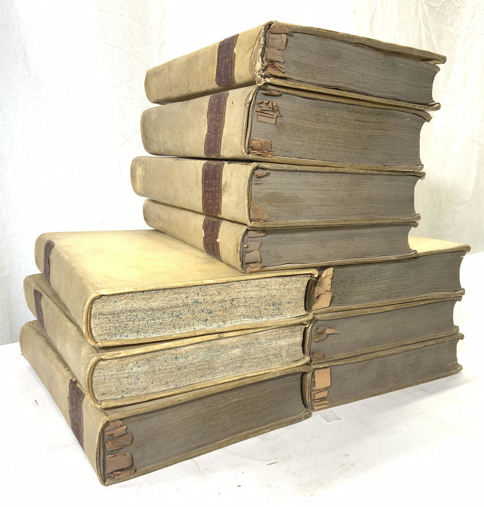 OEUVRES DE BOSSUET Volumes 1 Through 10: Each book is titled OEUVRES DE BOSSUET. Includes volumes 1,2,3,4,5,6,7,8,9,10. Page reads OEUVRES DE MESSIRE JACQUES BENIGNE BOSSUET EVEQUE DE MEAUX VOLUME PREMIER ASA MAJESTE LIMPERATRICE REGNANTE. E