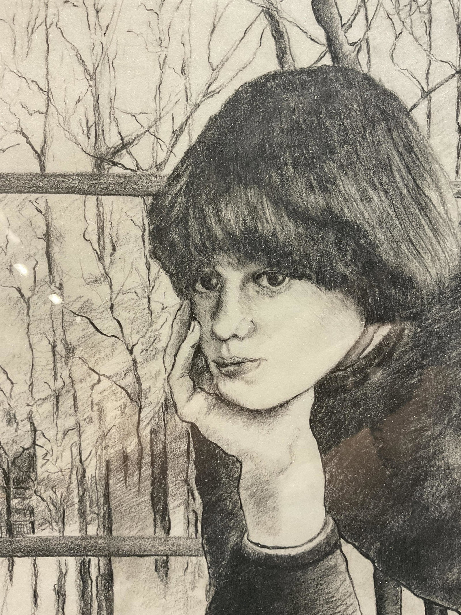 AMANDA MORRILL Signed Drawing: AMANDA MORRILL Signed Drawing, signature read Amanda MORRILL 1/6/82, subject a pensive figure by a window, measures 12 3/4 x 11 inches, dark wooden frame, surface wear to frame, professionally framed 