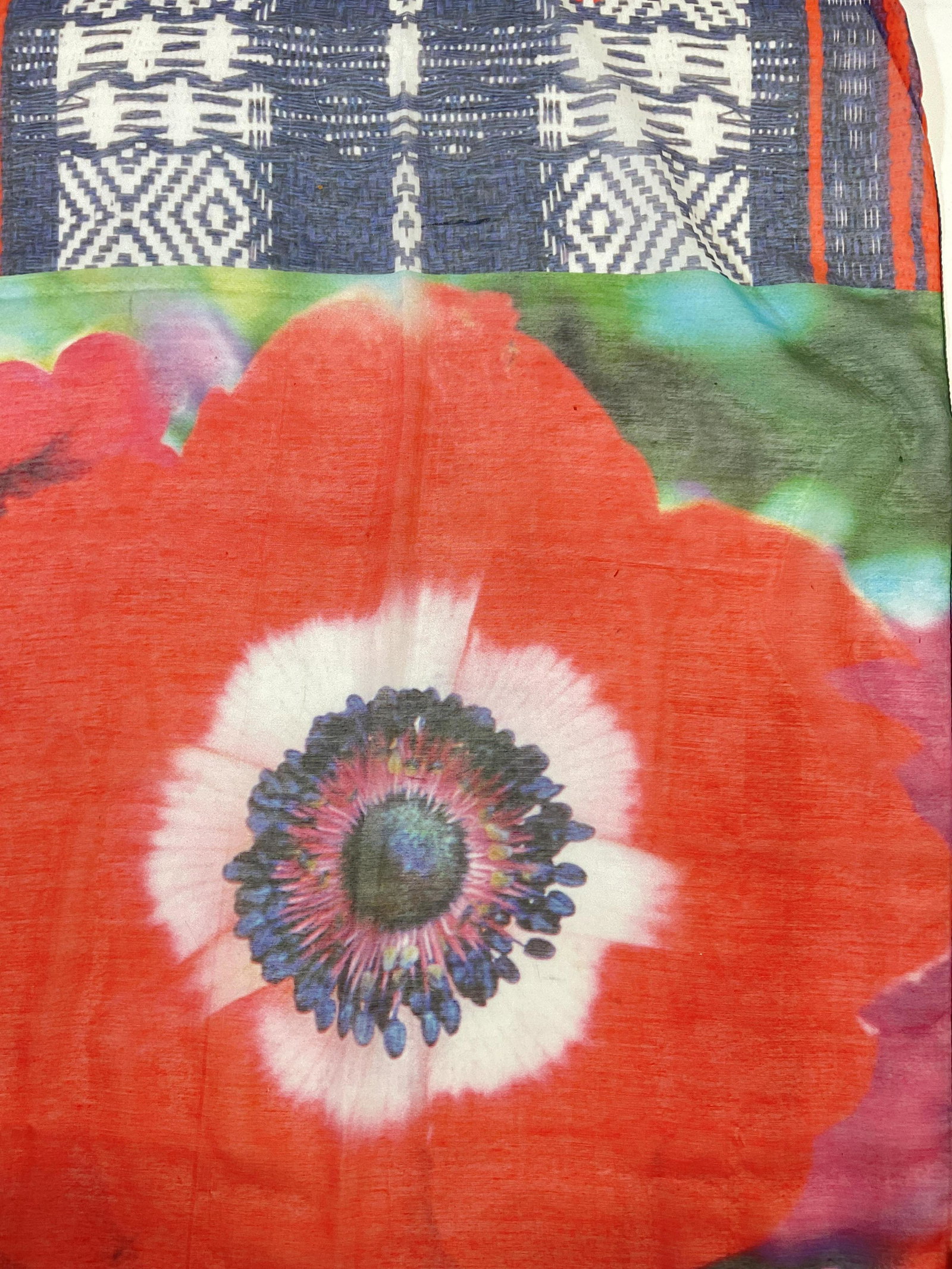 ECHO Blue, Red & White W Flower Scarf: ECHO Blue, Red & White W Flower Scarf. Measures approx 80 inches in length, no material label to piece. Label on scarf reads Echo. Fringes to end of scarf. Minimal wear to piece. Soft hand touch. Scar