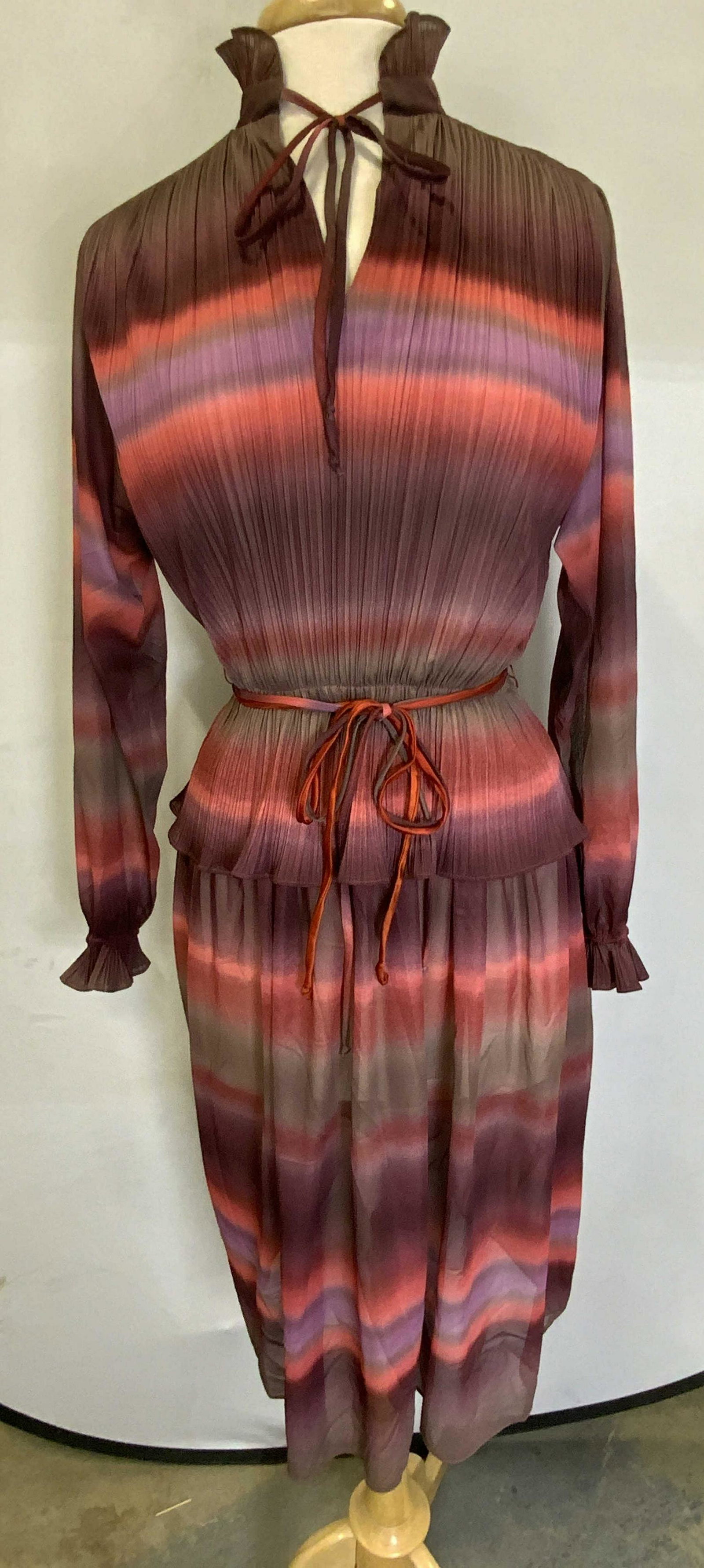 Vintage Red & Purple Ombre Midi Dress: A vintage multi tone ombre long sleeve midi dress in hues of red and purple. Tie neck and waist detail. Vintage size 9/10. 100% polyester. Elastic waist stretches, fabric has no stretch. Gently worn,