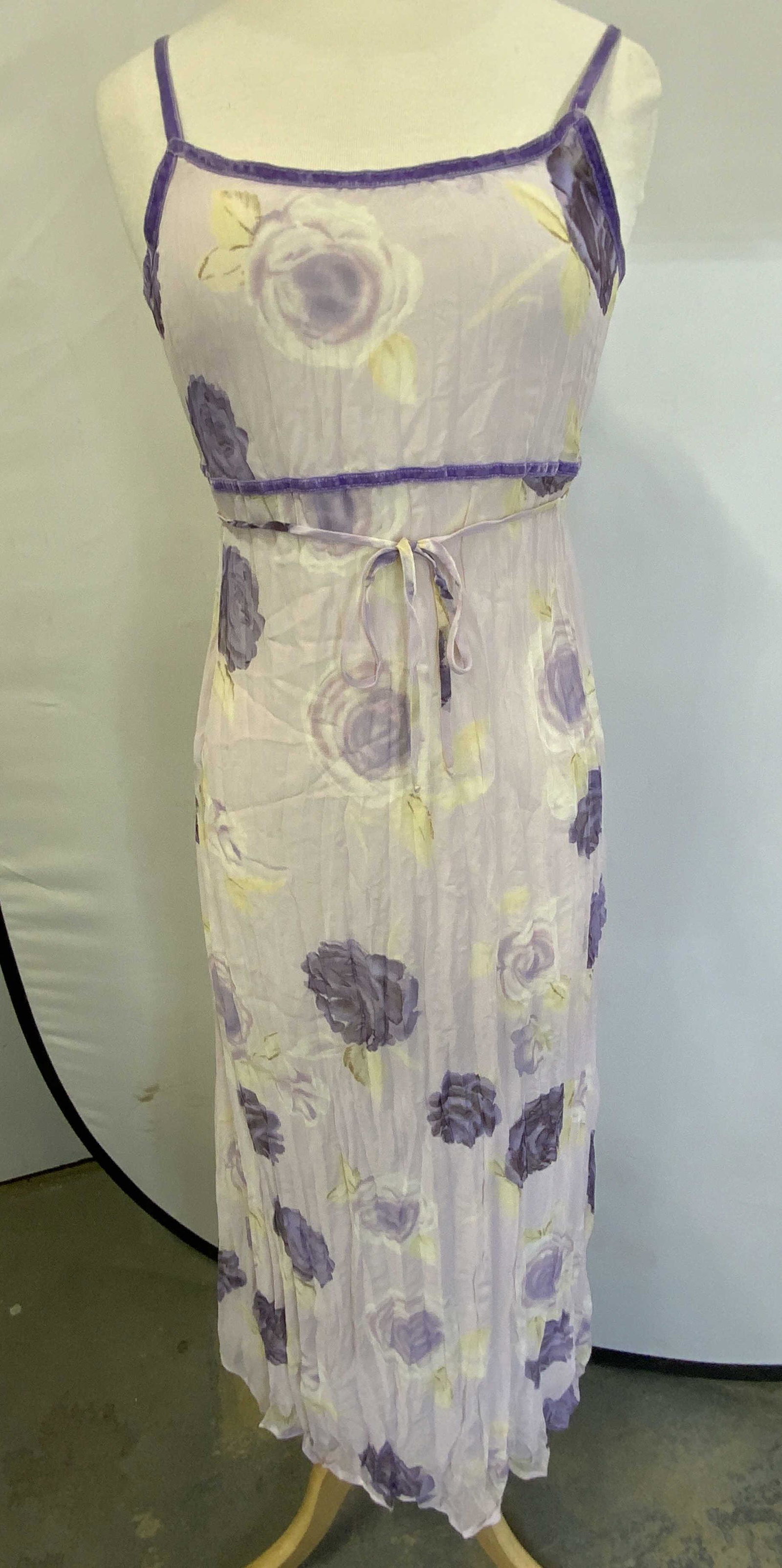 CALIFORNIA CONCEPTS Vintage Floral Maxi Dress: California Concepts vintage floral maxi dress in hues of purple and yellow. Velvet trim detail. Size L. 100% polyester and 100% nylon lining. Fabric has no stretch, gently worn. California concepts, C