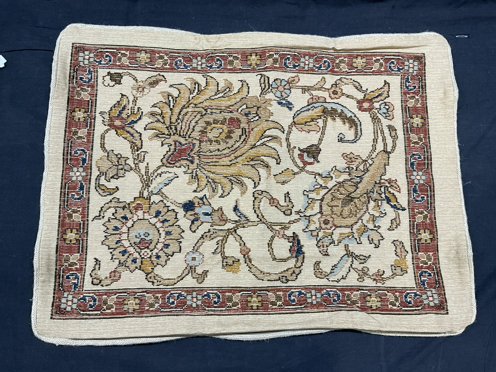 Woven Filigree Style Pillow Cover / Sham: Woven Style Pillow Cover / Sham. No label to piece. Zipper closer to keel stuffing within Sham. Measures approx 26.5 x 19 inches. Minimal wear to piece. Braided edge to pillow cover. Pillow cover, wov