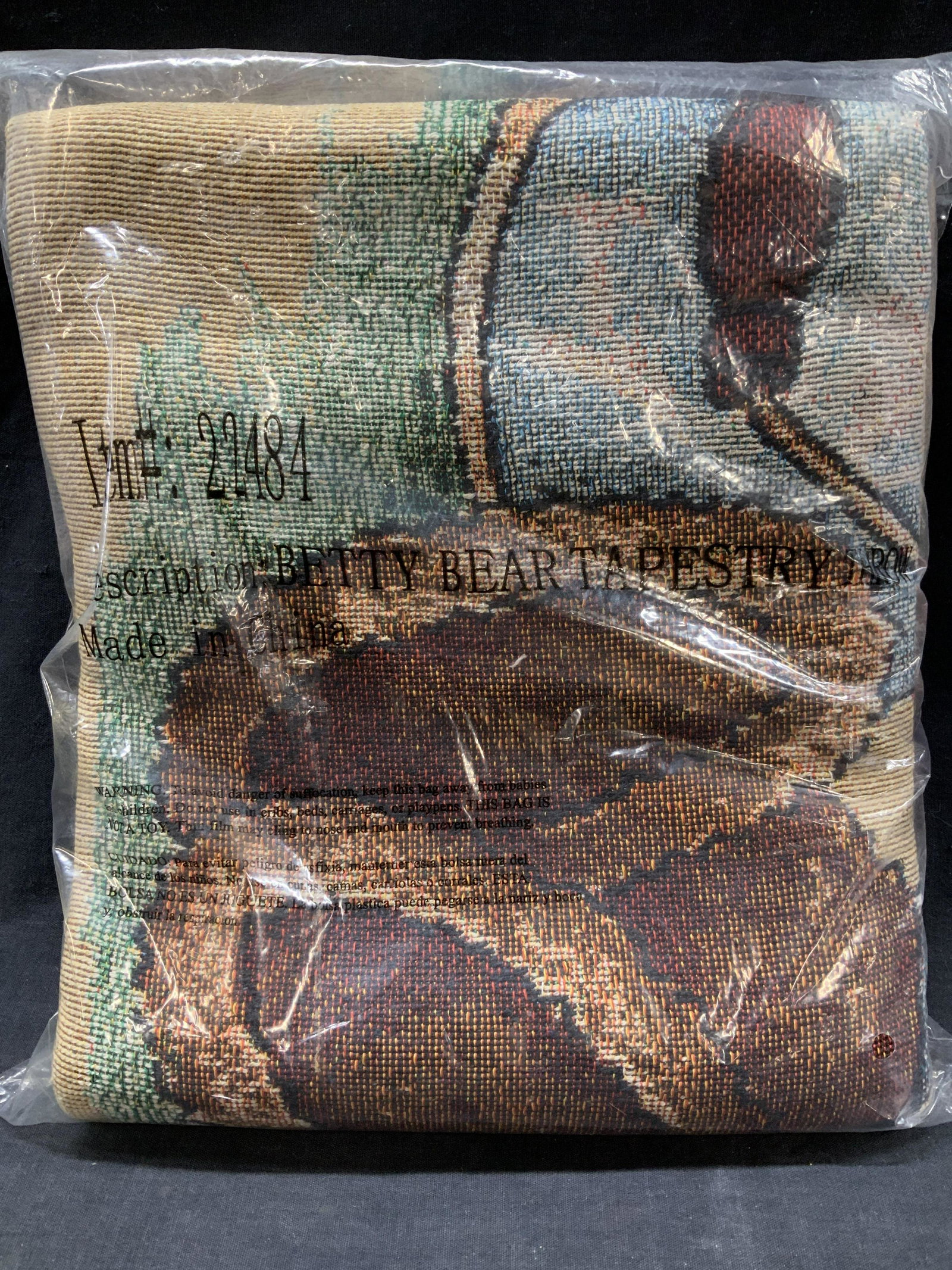 Betty Bear Tapestry Throw, NIP: New in package woven tapestry throw with Betty Bear. Sealed in plastic. Throw, Blanket, Bedding, Tapestry, Country home decor and accessories, Bear motif, Betty Bear Tapestry throw, Toss blanket, New 
