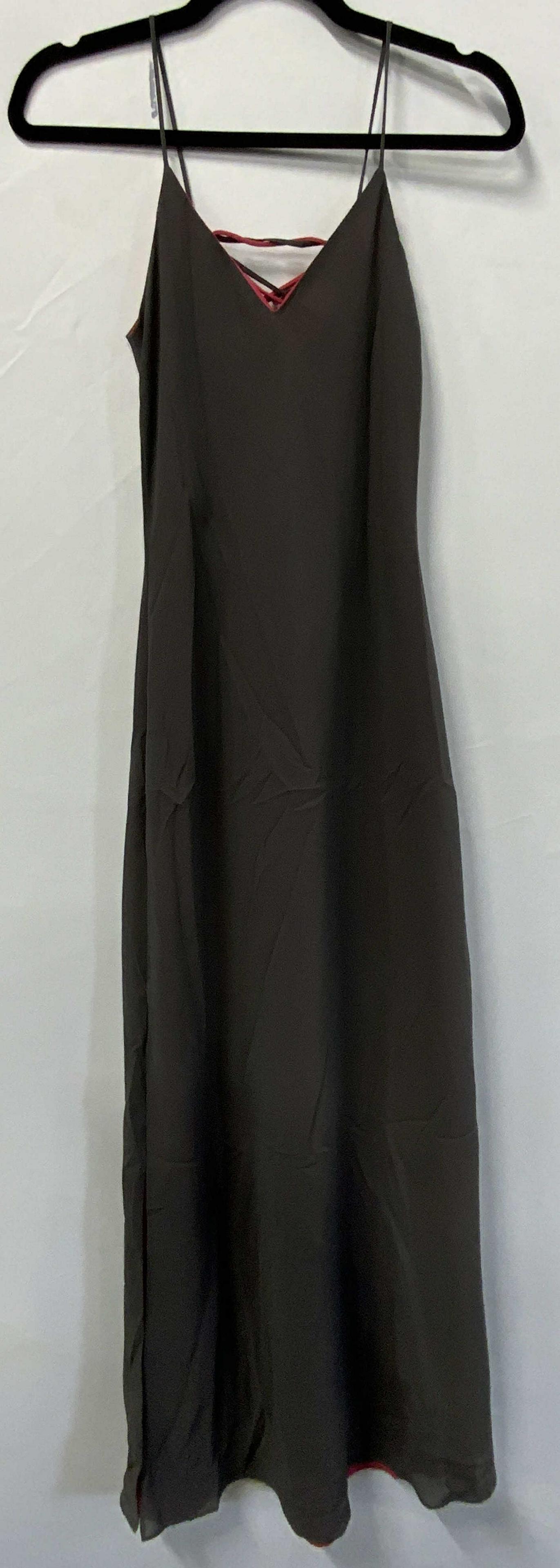 CHICAS CALIFORNIA Gray & Hot Pink Maxi Dress: Vintage CHICAS CALIFORNIA sleeveless maxi dress in gray with hot pink lining, open back with lace up detail, and split hem. Marked vintage size S. Measures approx. 15 inches across chest and 14 inches