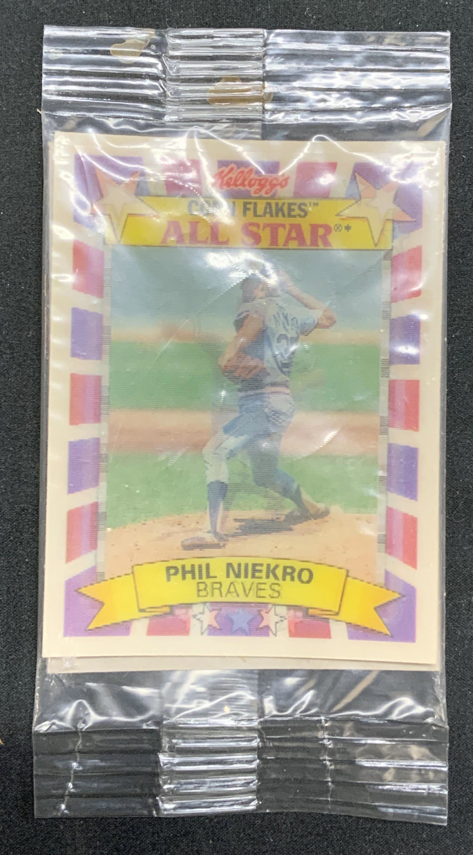 Vintage PHIL NIEKRO Holographic Baseball Card: Vintage collectible Phil Niekro holographic baseball car. Mint condition in sealed packaging. Card reads Kelloggs Corn Flakes All Star. Baseball card, collectible baseball card, holographic baseball c